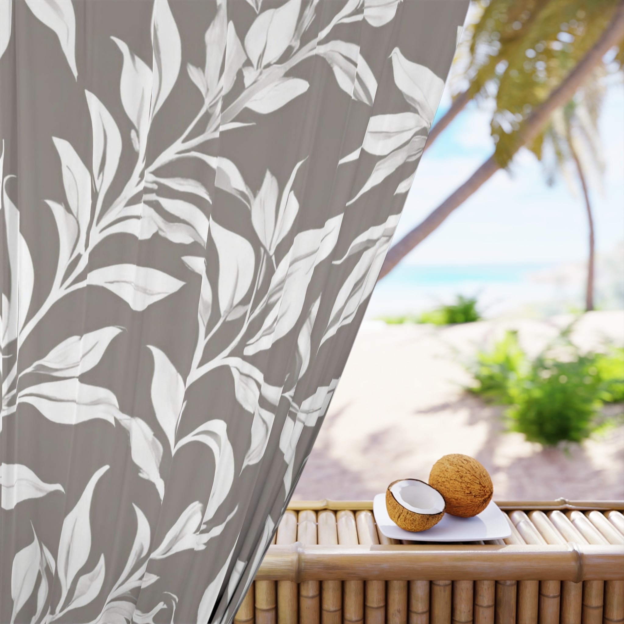 Abstract Floral Window Curtain | Taupe Grey, White