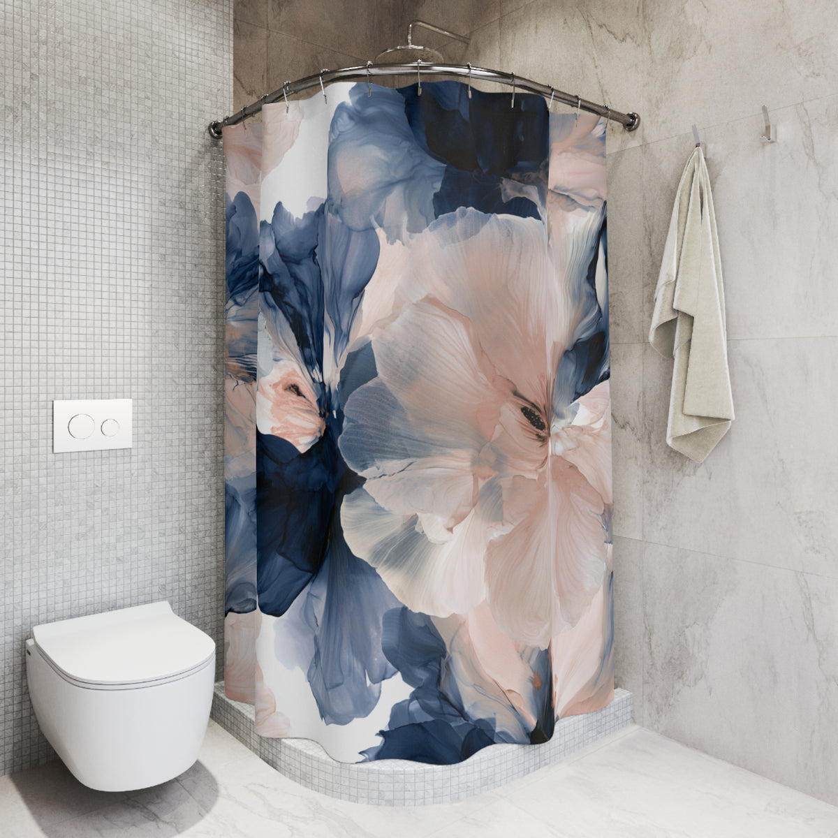 a white toilet sitting next to a shower curtain