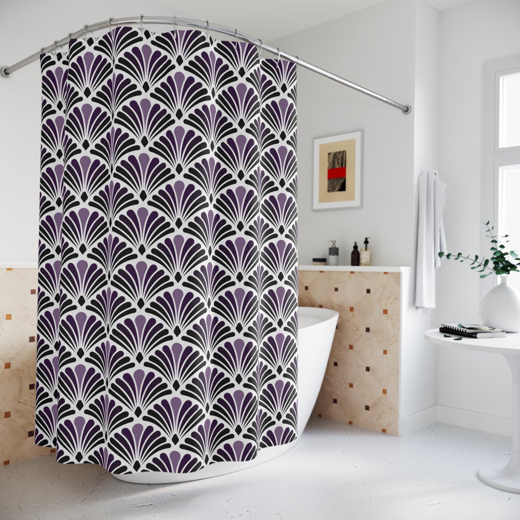 Boho Art Deco Shower Curtain | Purple White Art Nouveau