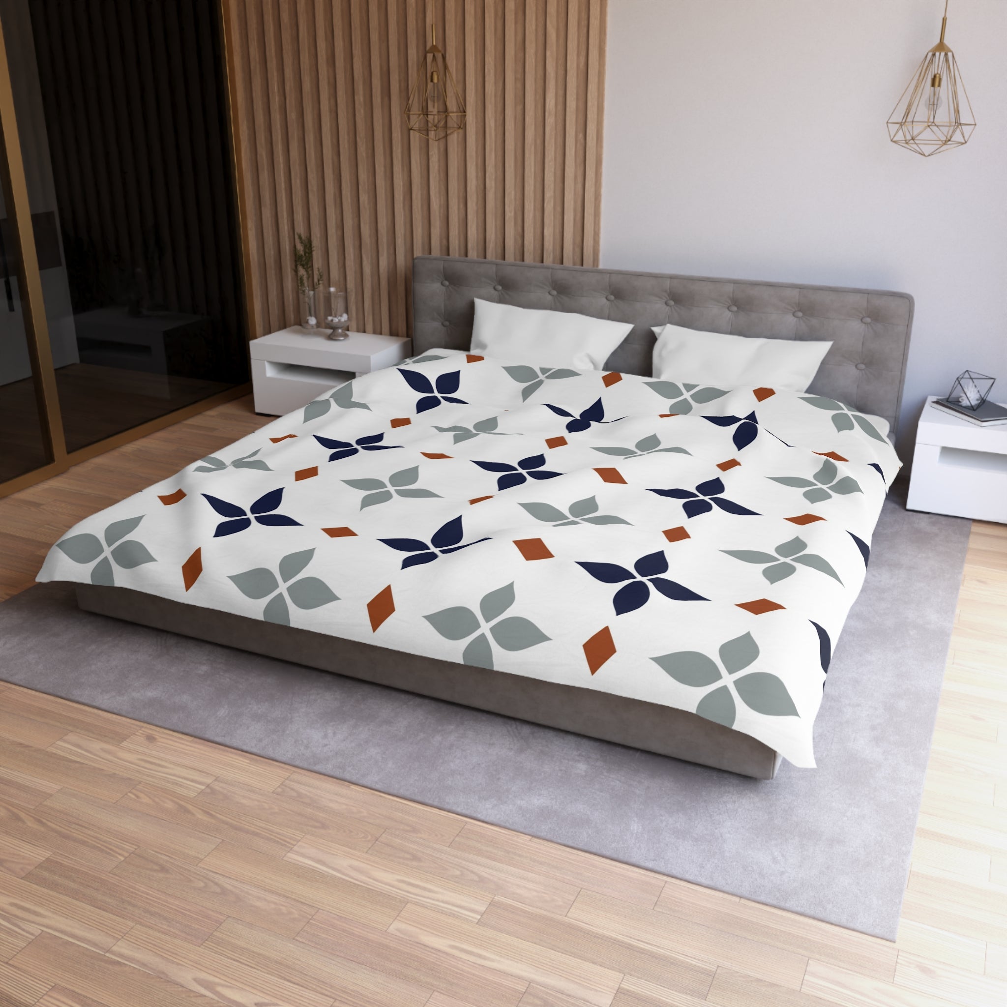 Retro Duvet Cover | Vintage Art Deco, Nouveau White, Navy Blue, Grey | Bedroom Decor