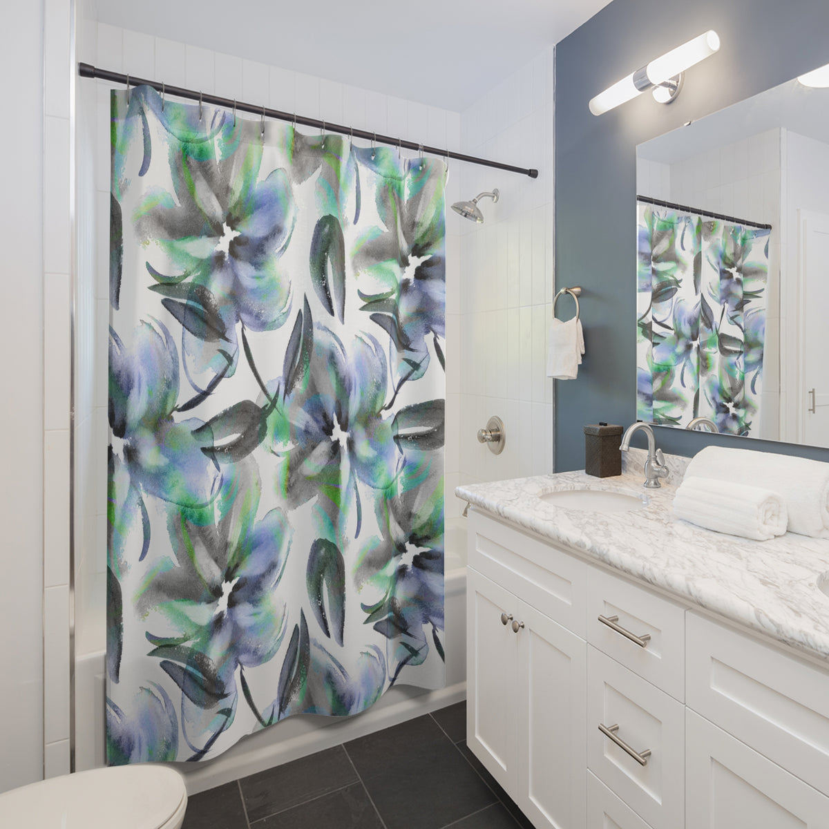 Blue Green Watercolor Iris Shower Curtain, Bath Curtain 71x74