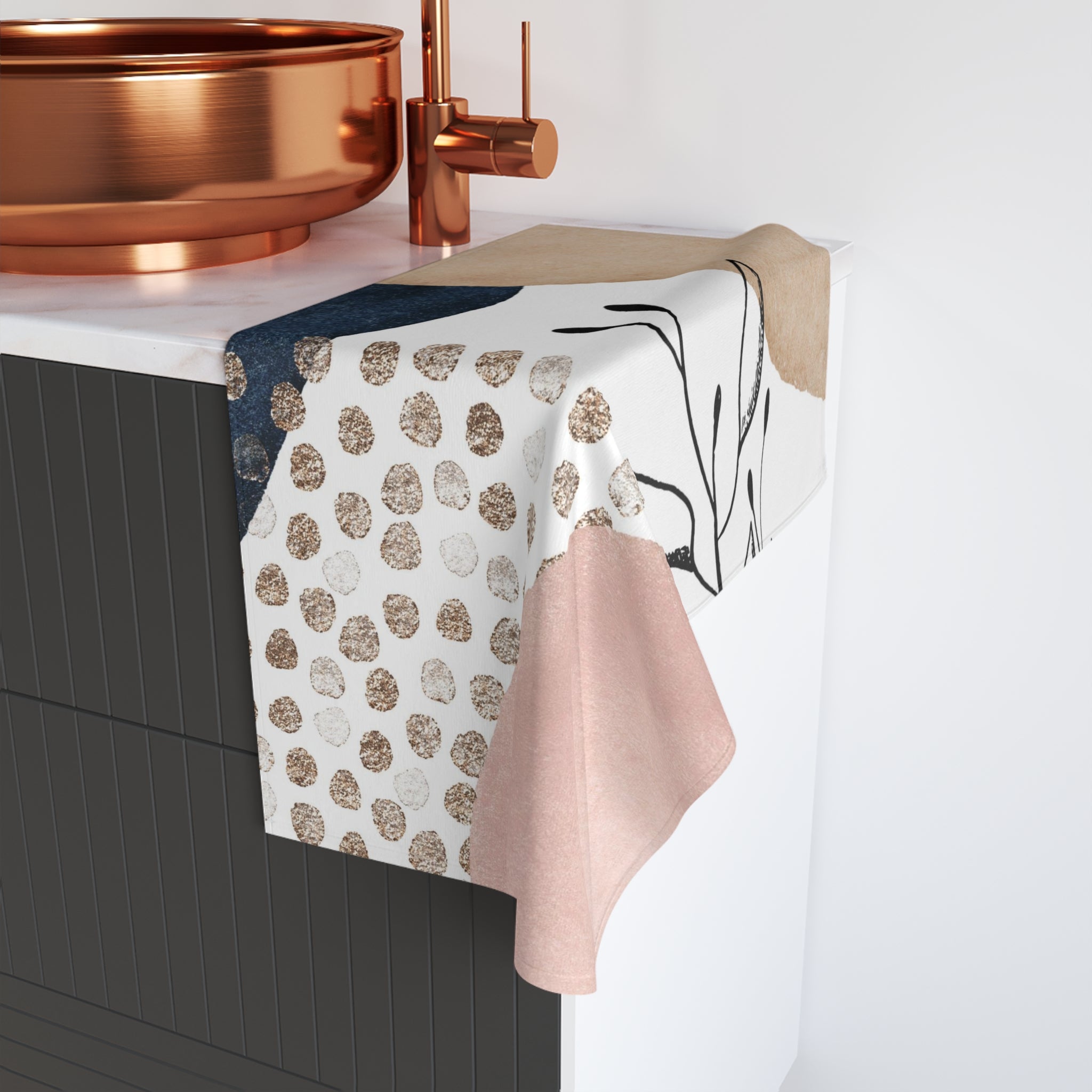 Abstract Kitchen, Bath Hand Towel | Blush Pink, White, Black Beige Towel