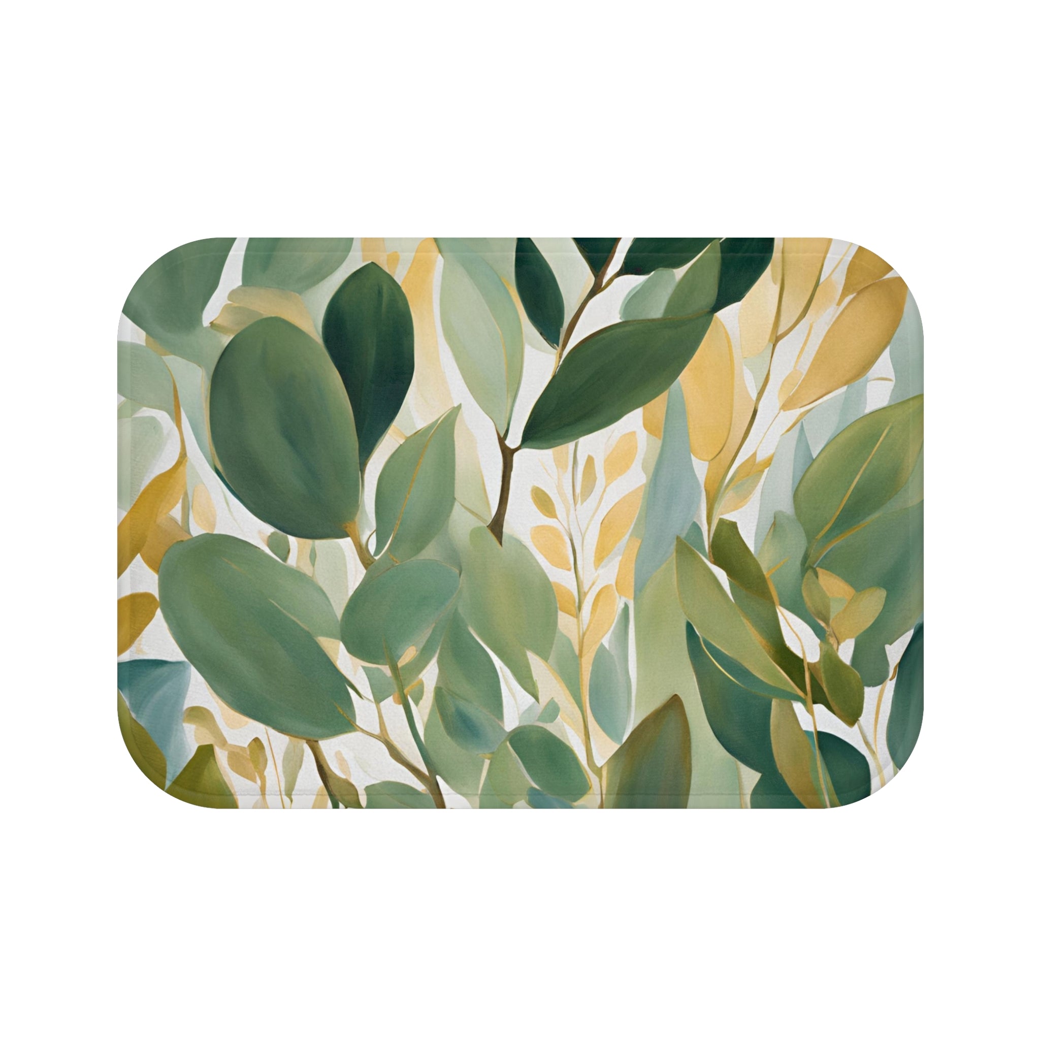 Boho Abstract Bath Mat | Sage Teal Green, Beige Leaves, Tropical Kitchen Mat