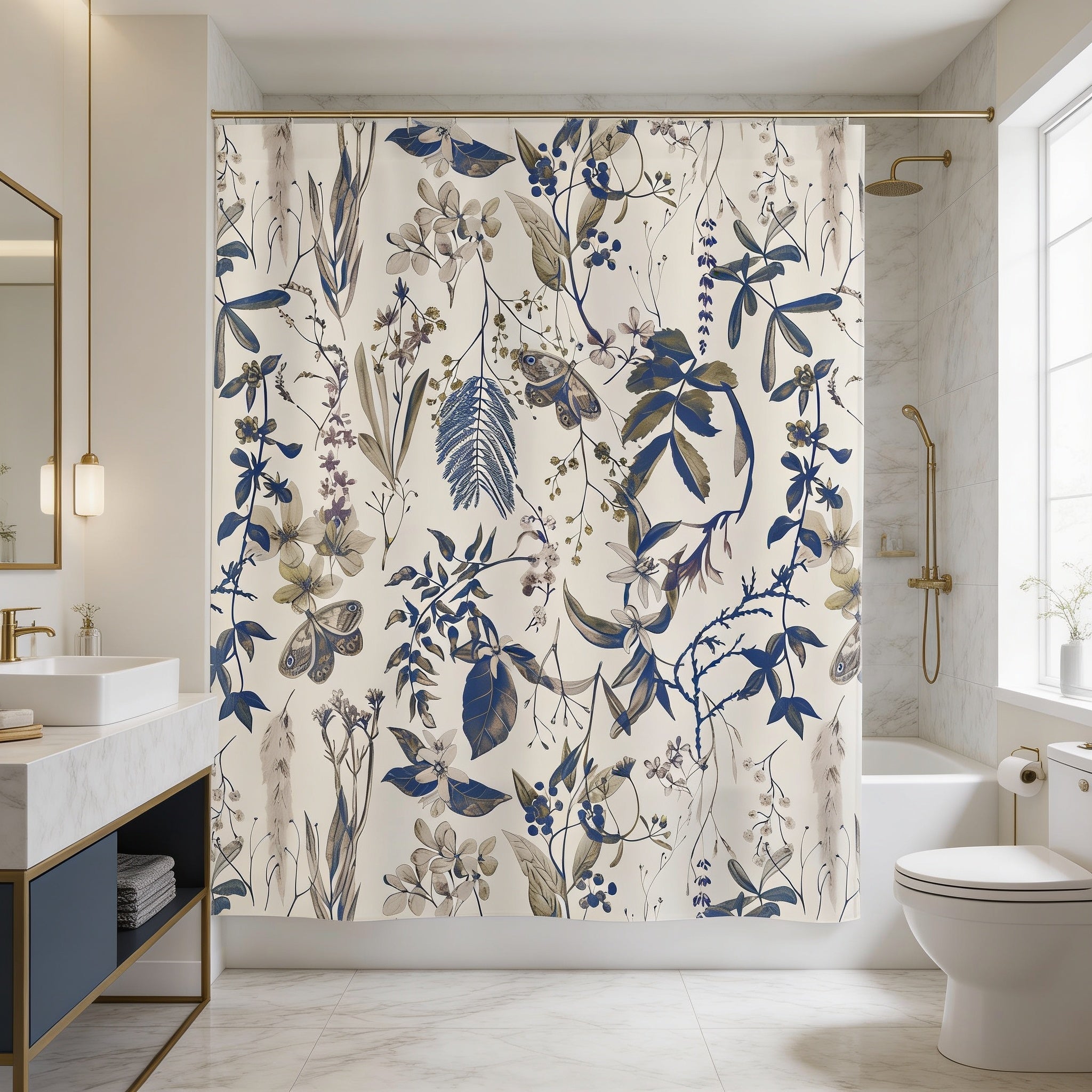 a bathroom with a large floral patterned shower curtain.