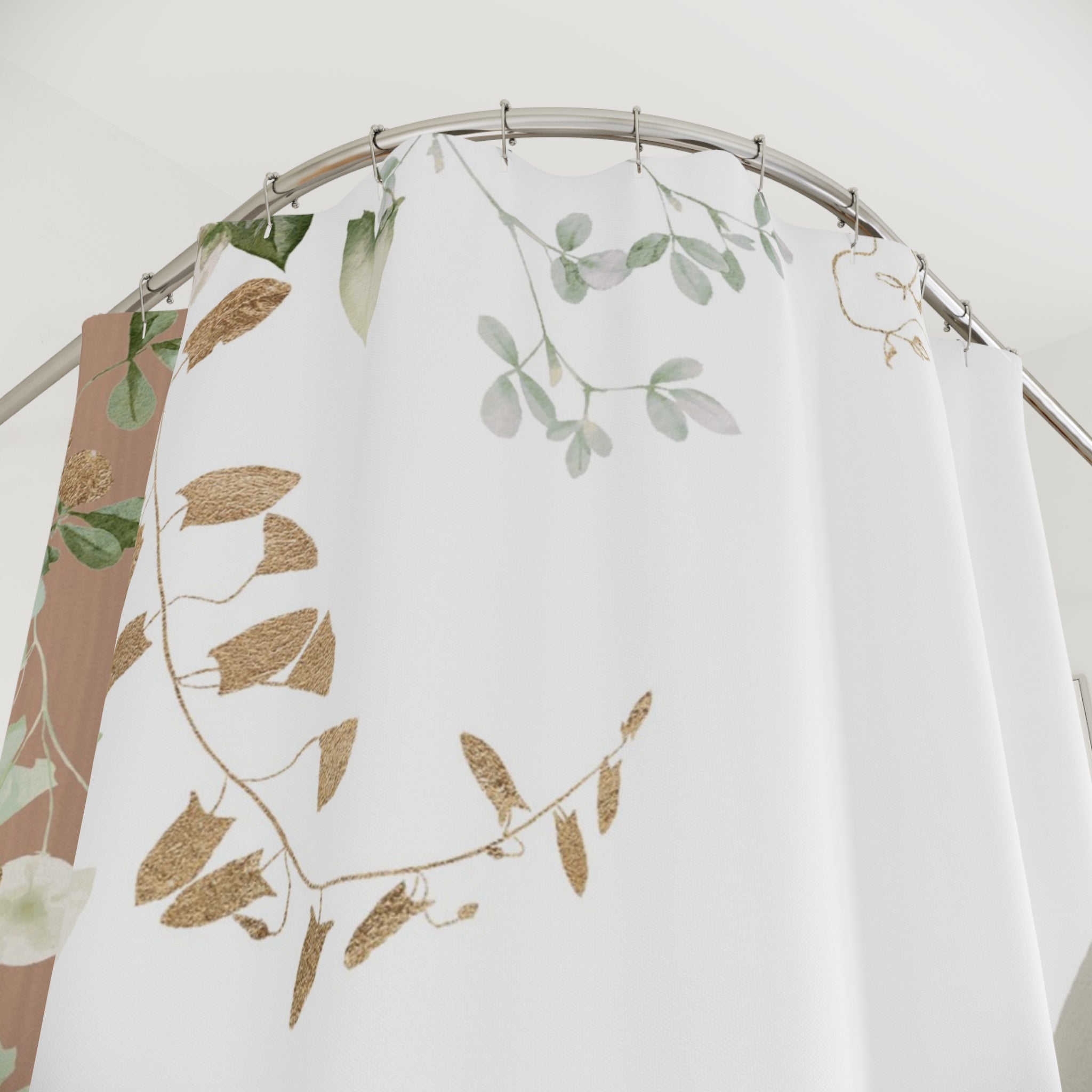 White Shower Curtain | Floral, Beige Grey, Green