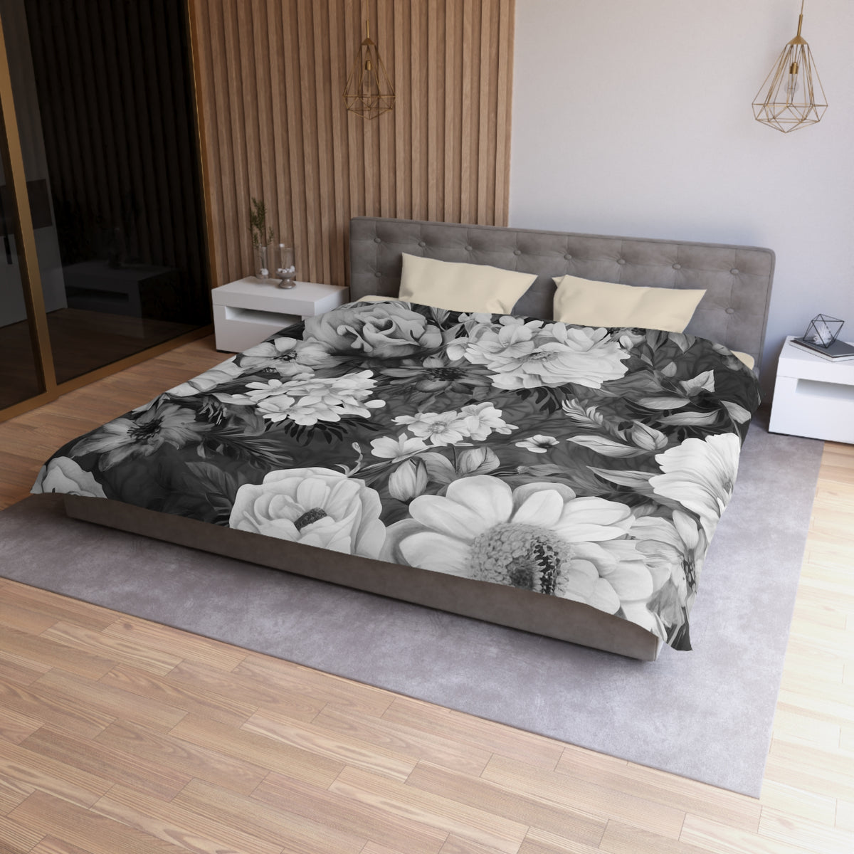 Black White Vintage Floral Duvet Cover | Grey Peony Rose Bedding