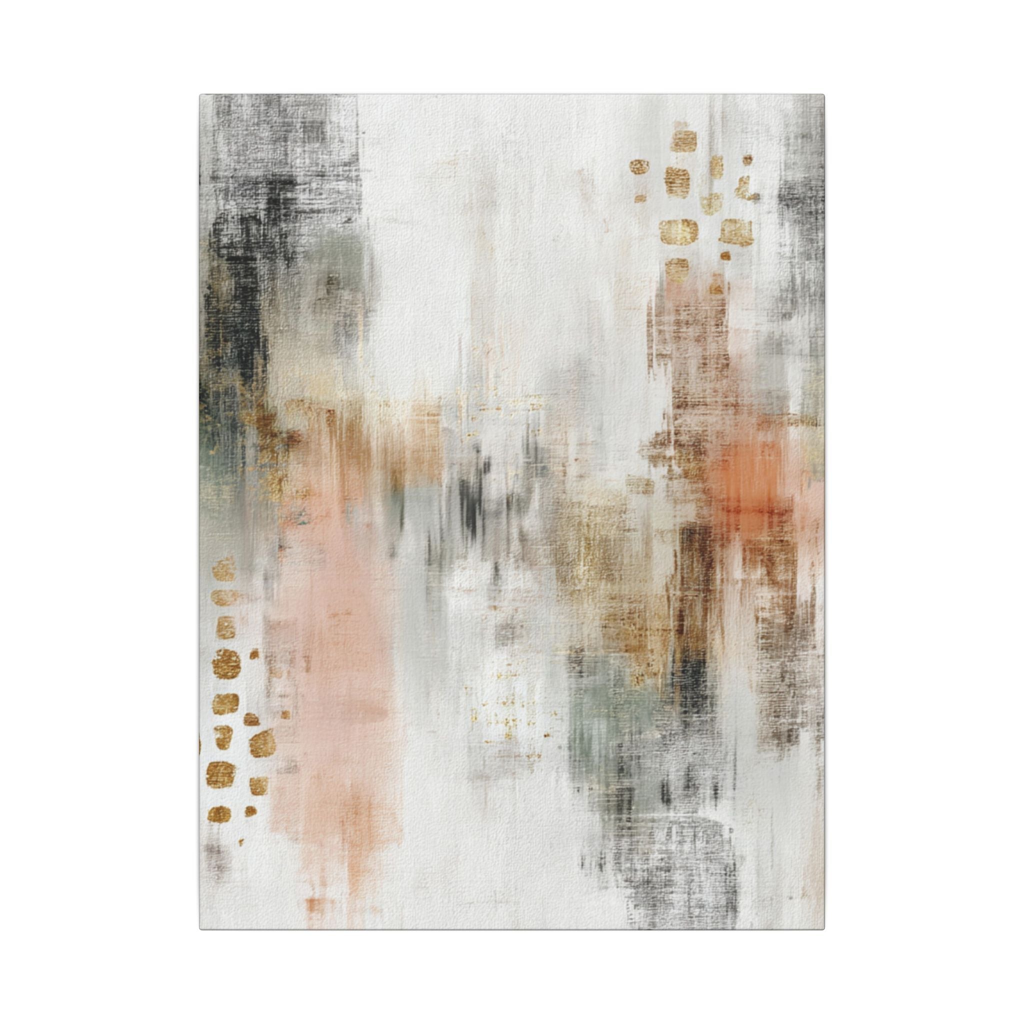 The image is an abstract painting with a textured, layered appearance. The colors used are predominantly white, gray, and peach, with some gold accents. The painting does not contain any discernible objects or specific actions, and it does not depict a scene or represent a photograph. The image is a single, cohesive piece of art.