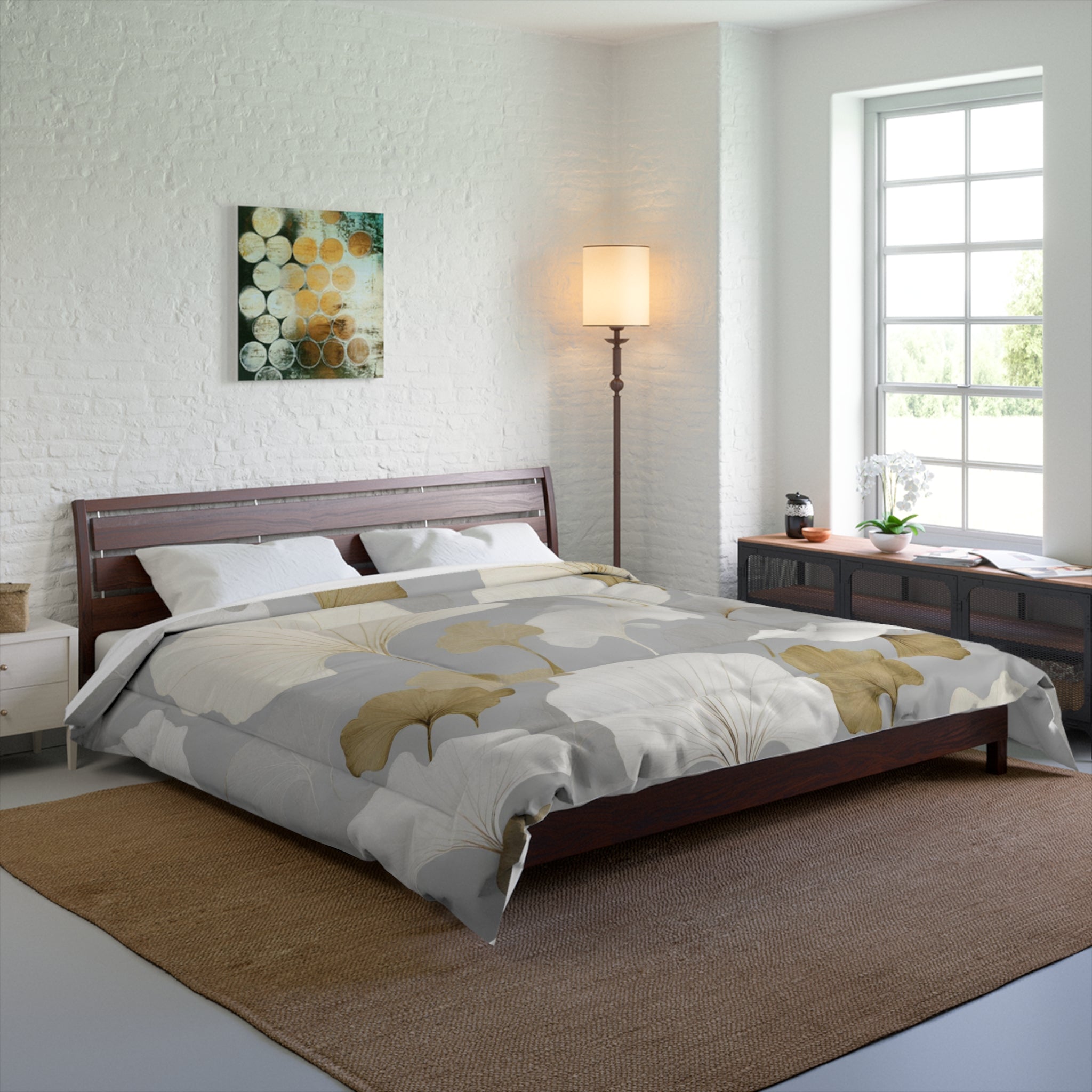 Floral Comforter | Grey, White Ivory Beige, Gingko Leaves