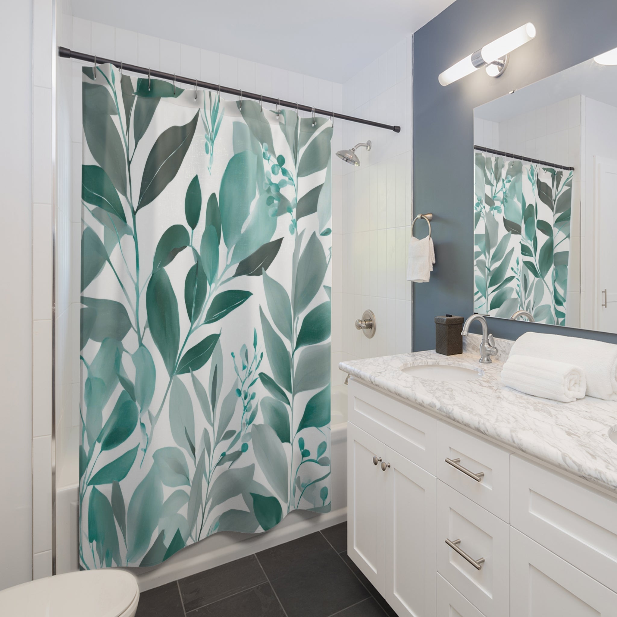Floral Shower Curtain | Jungle Leaves, Teal Green, White Grey