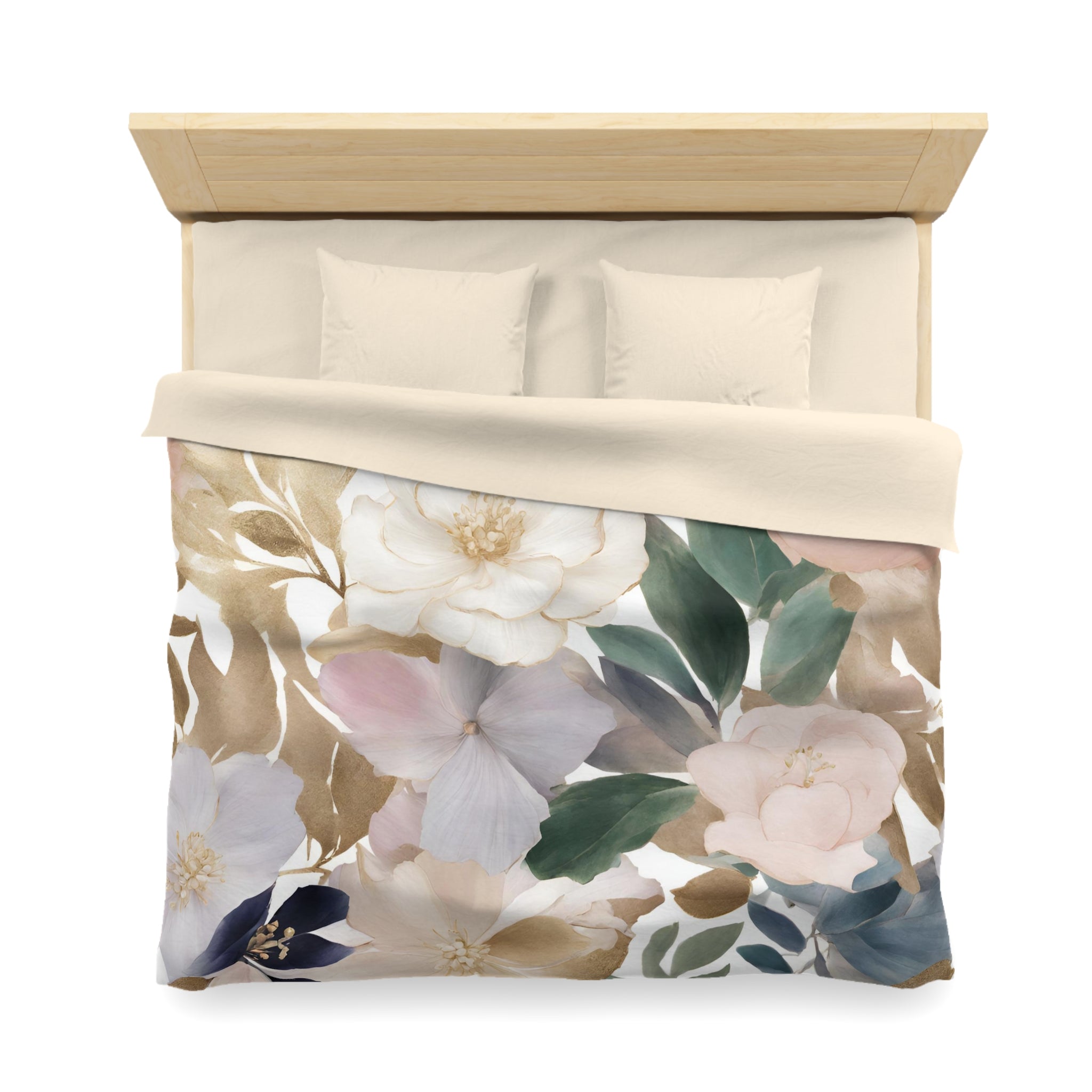 Boho Floral Duvet Cover | White Green, Blush Green, Beige Botanical | Bedroom Decor