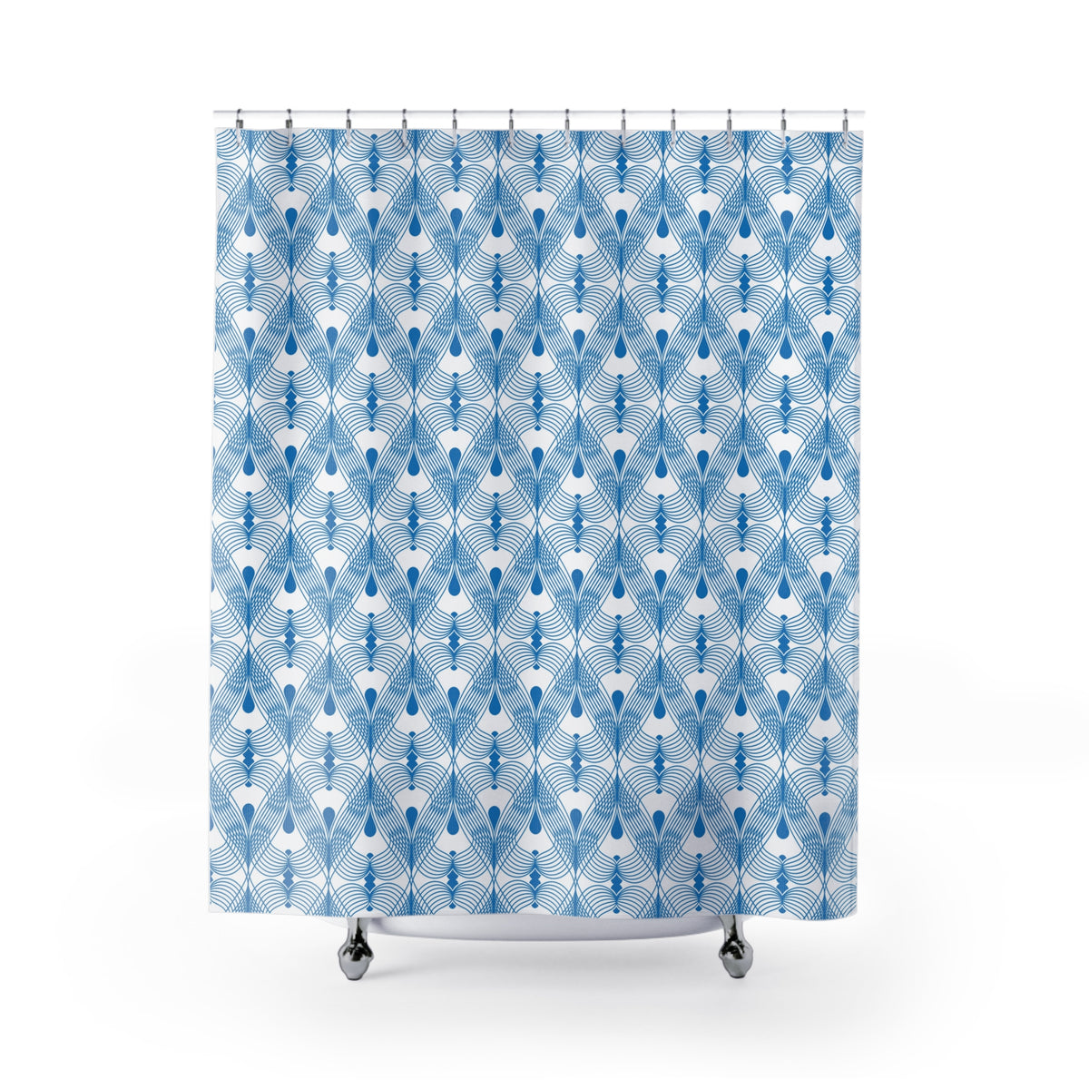 a blue and white geometric patterned shower curtain.