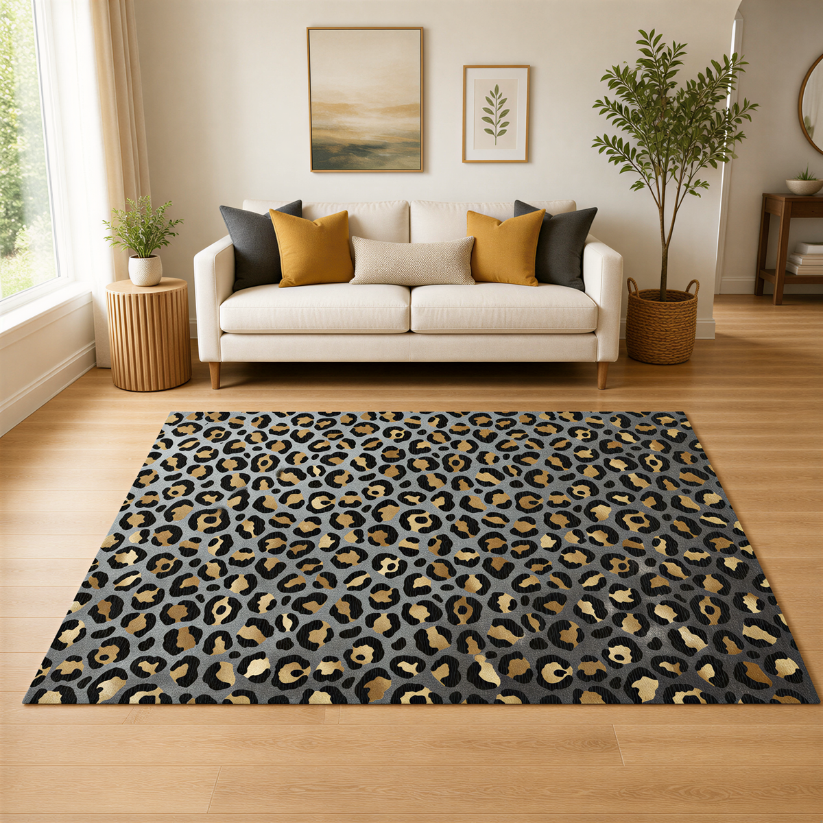 a living room with a white sofa, a leopard print rug, and a potted plant. The room has a neutral color scheme with a touch of bold patterned accent.