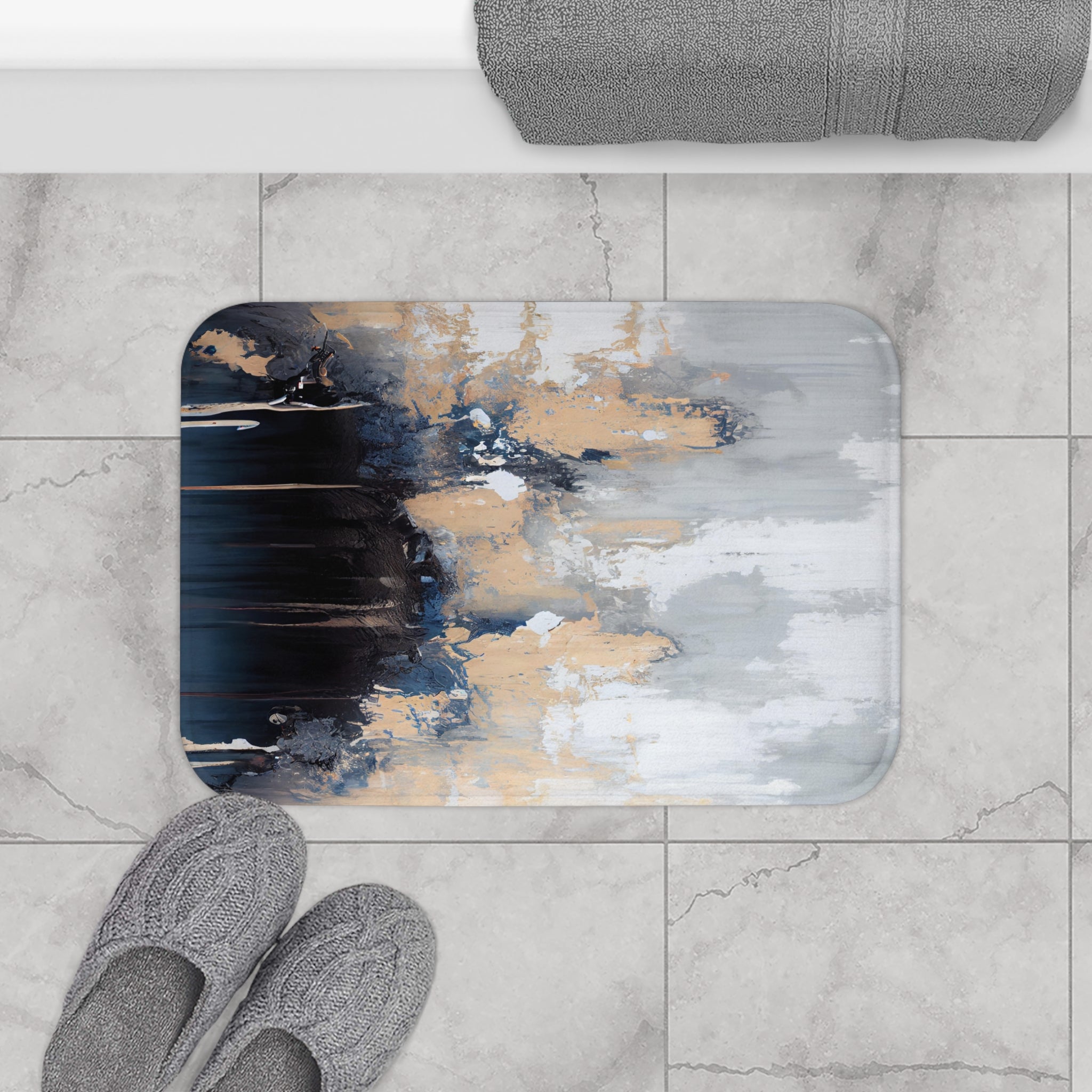 Boho Kitchen, Bath Mat | Abstract Black Navy Blue, Beige Grey