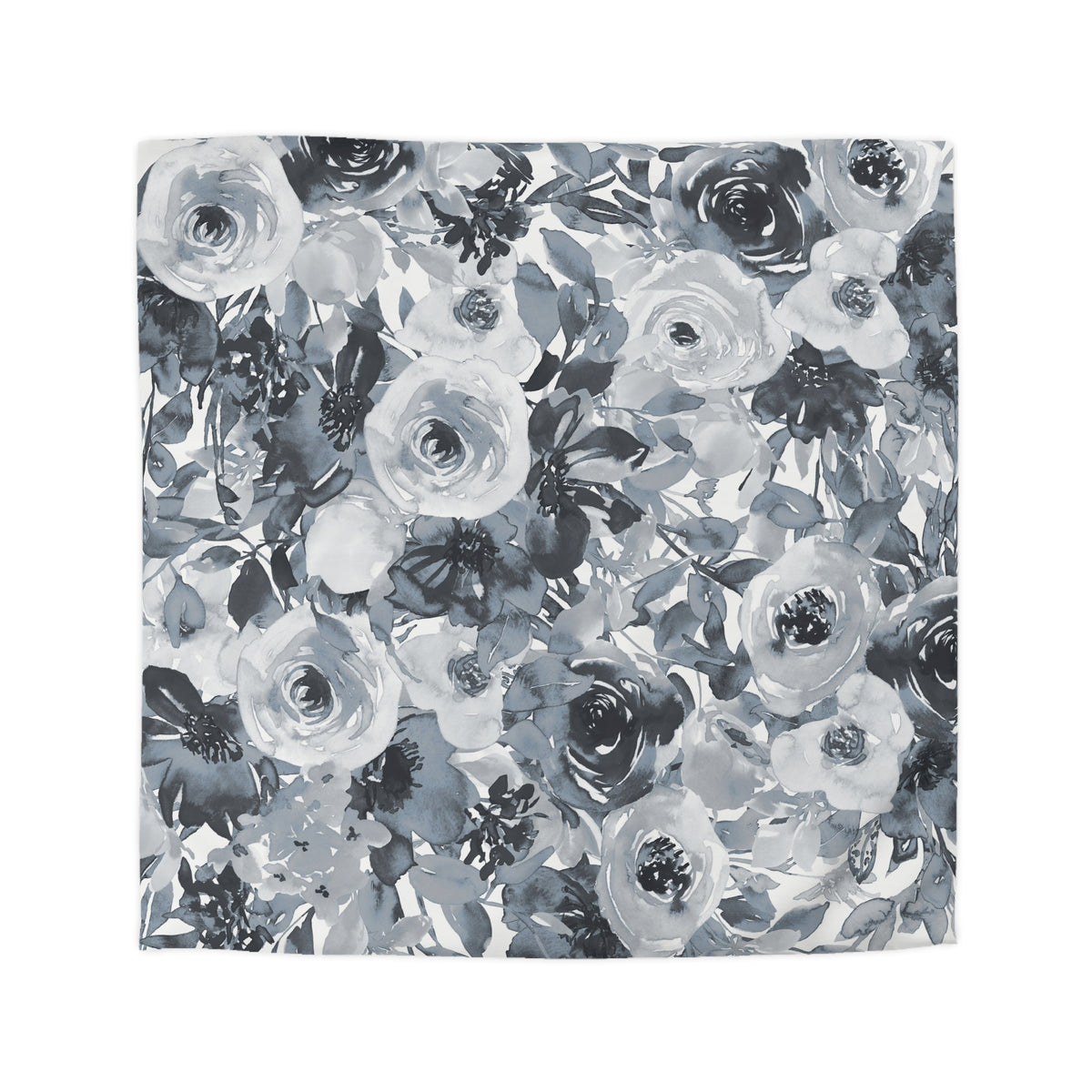 The image is a square-shaped collage featuring a repeating pattern of black and white flowers and leaves.