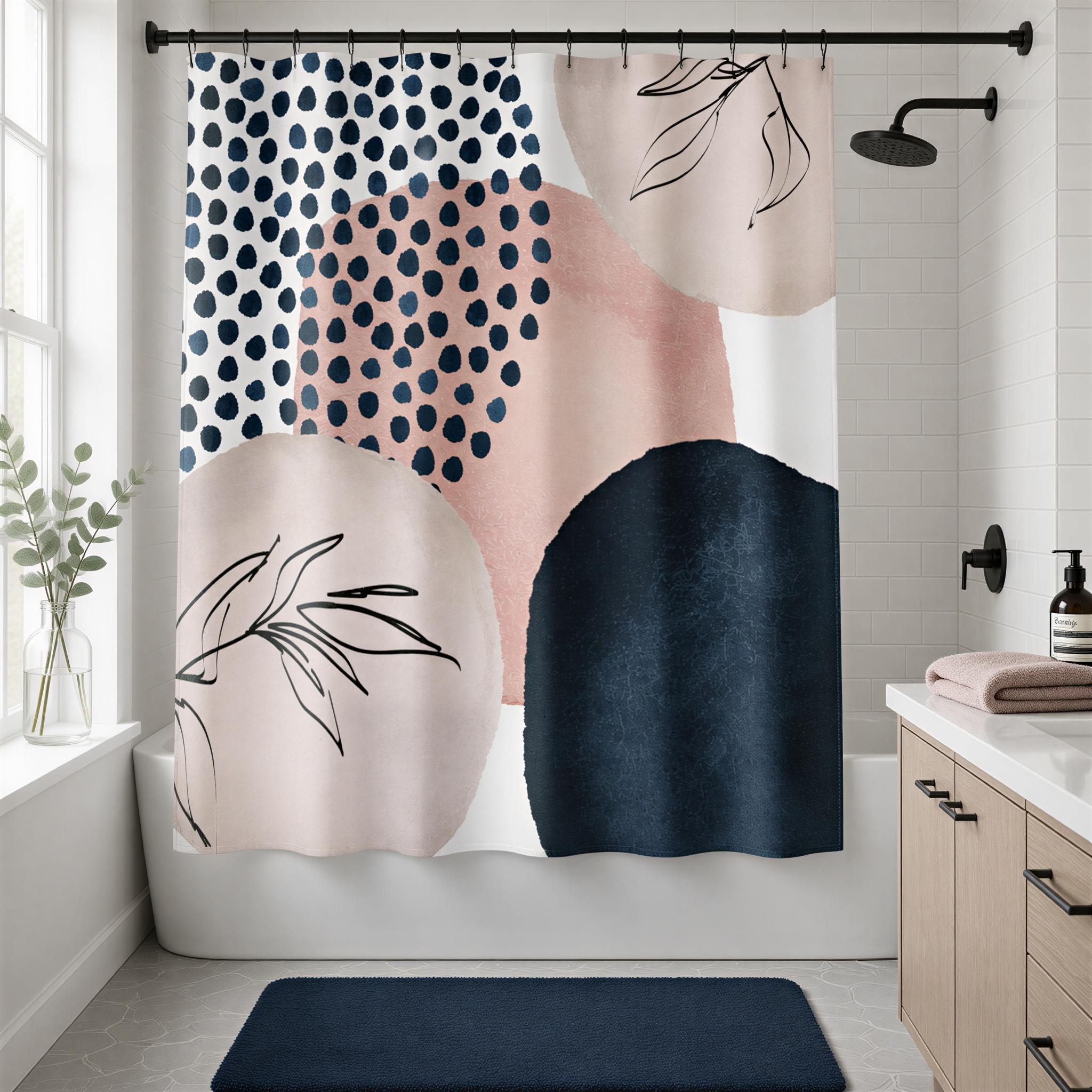 a bathroom with a shower curtain that has a colorful abstract design with various shapes and patterns, including circles, dots, and leaves. The shower curtain is hanging from a rod above a bathtub.