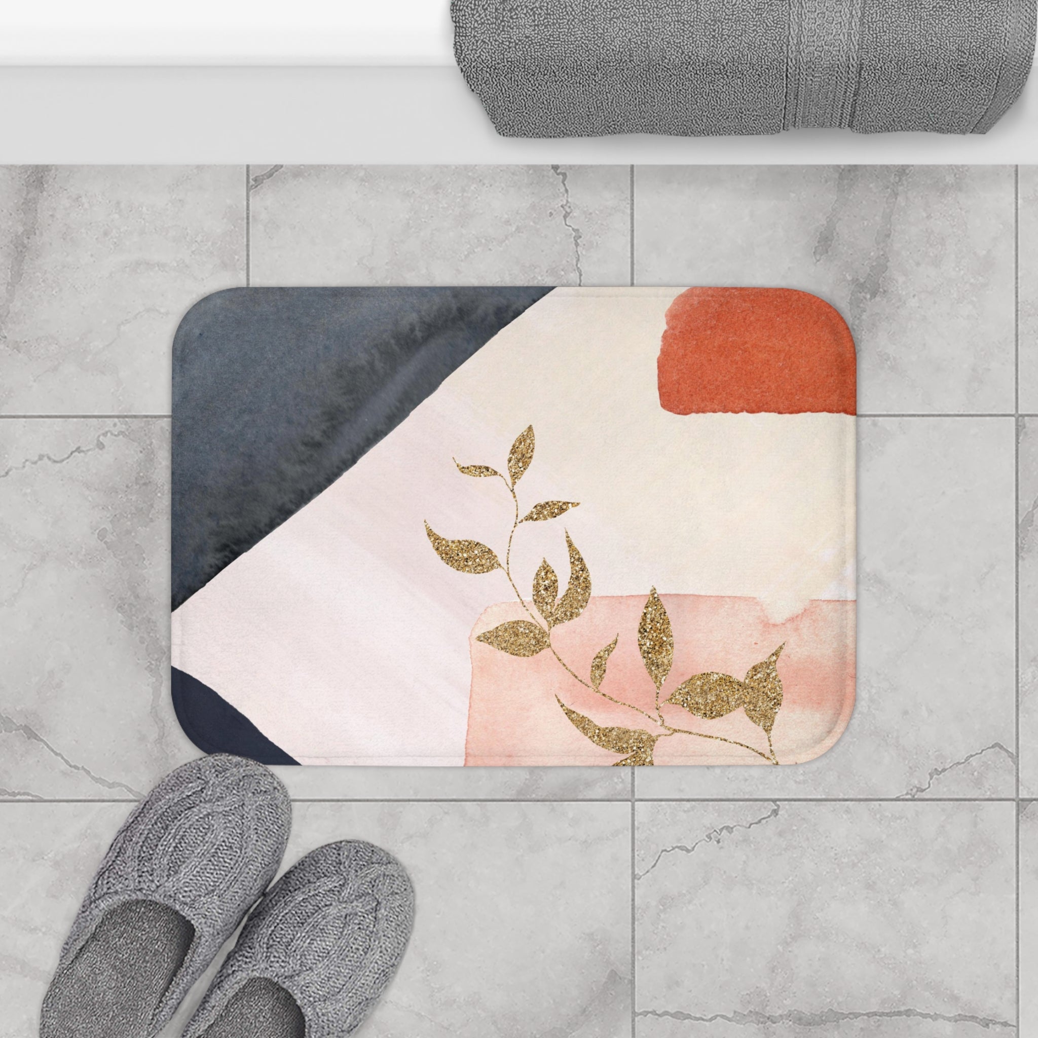 Abstract Bath Mat | Navy Blue, Orange Pink