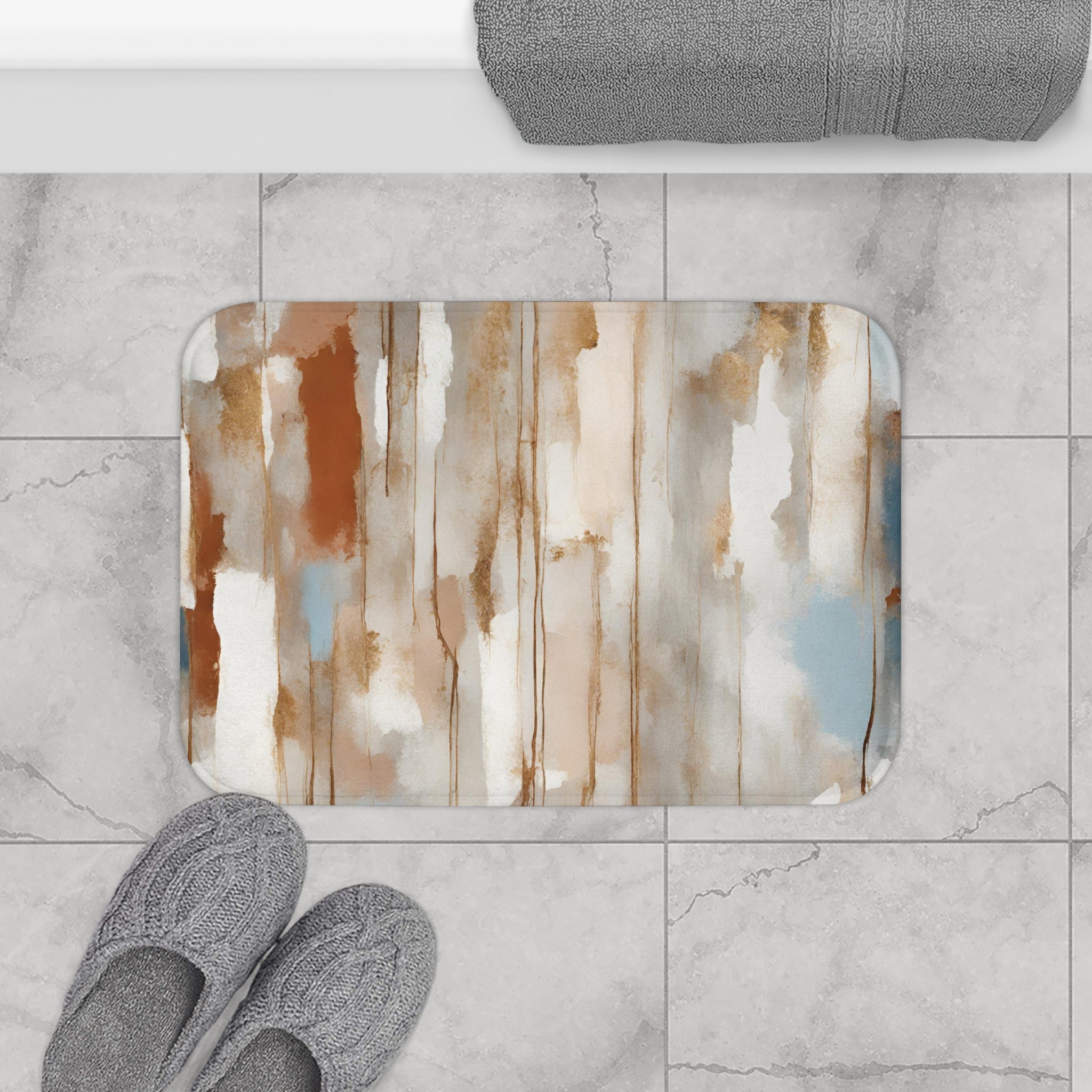 Abstract Bath Mat | White Blush Blue, Beige Rust Grey Kitchen Mat