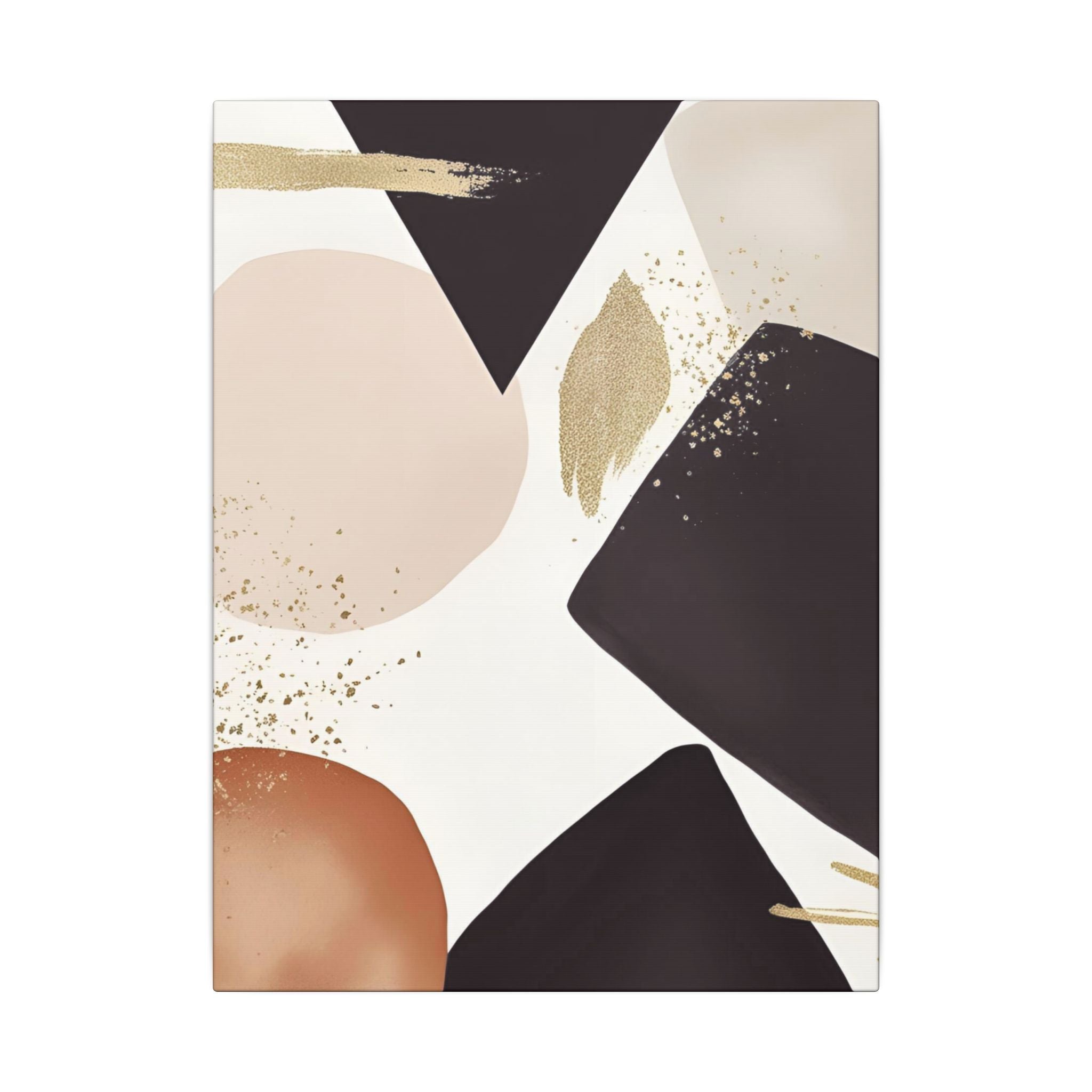 The image is a modern abstract art piece featuring a variety of shapes and colors, including shades of black, brown, and beige. The composition includes a mix of geometric and organic forms, creating a visually striking and dynamic composition.