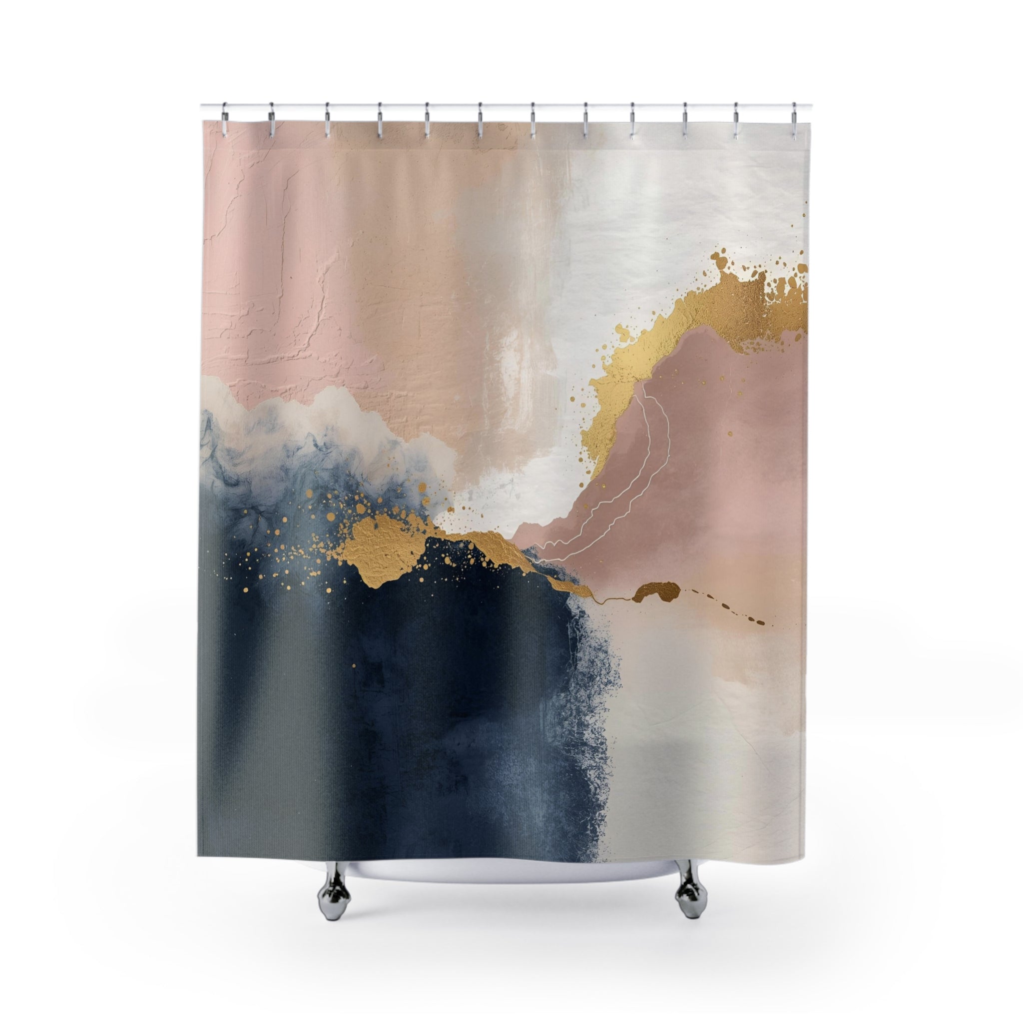 Boho Abstract Shower Curtain | Navy Blue, Blush White Watercolor