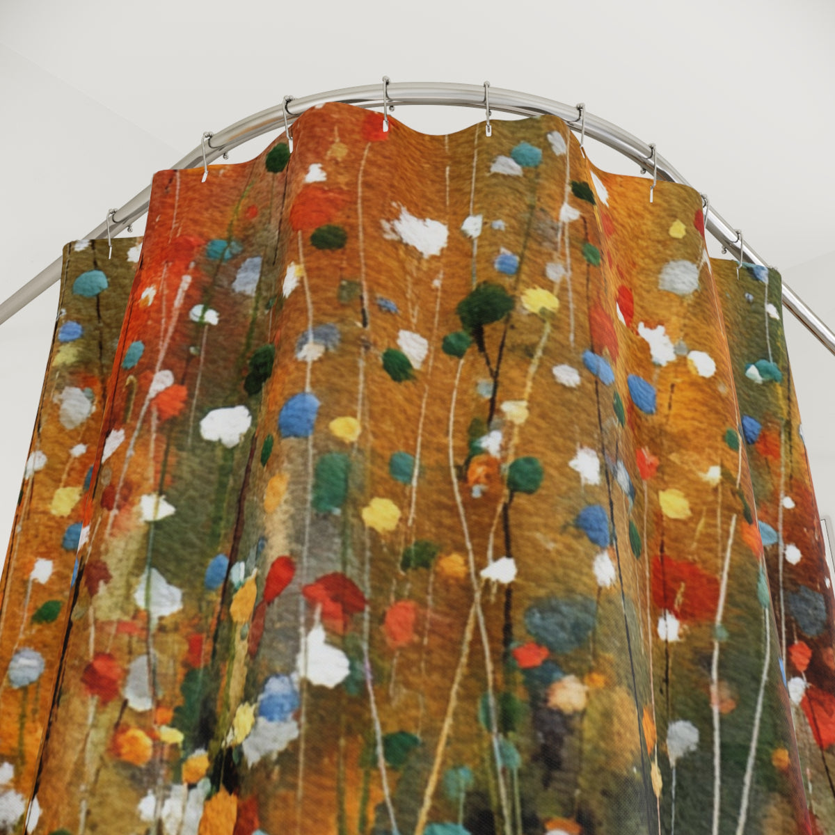 a colorful, abstract pattern with various shapes and colors, including red, orange, yellow, green, blue, and white.