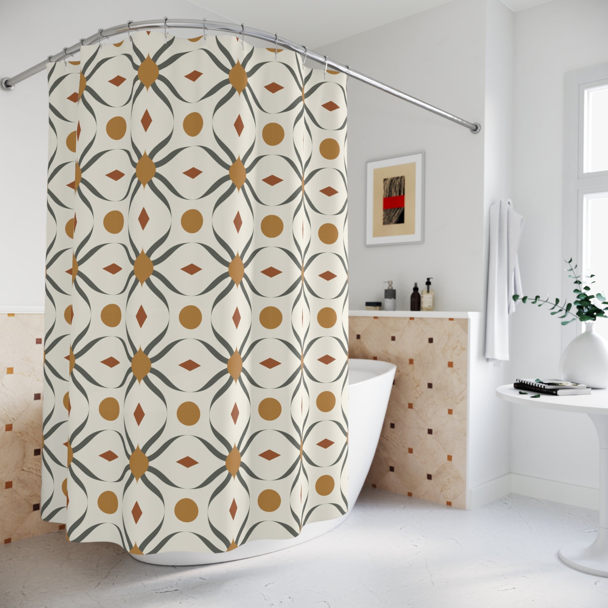 Boho Shower Curtain | Abstract Floral, Retro Beige Green