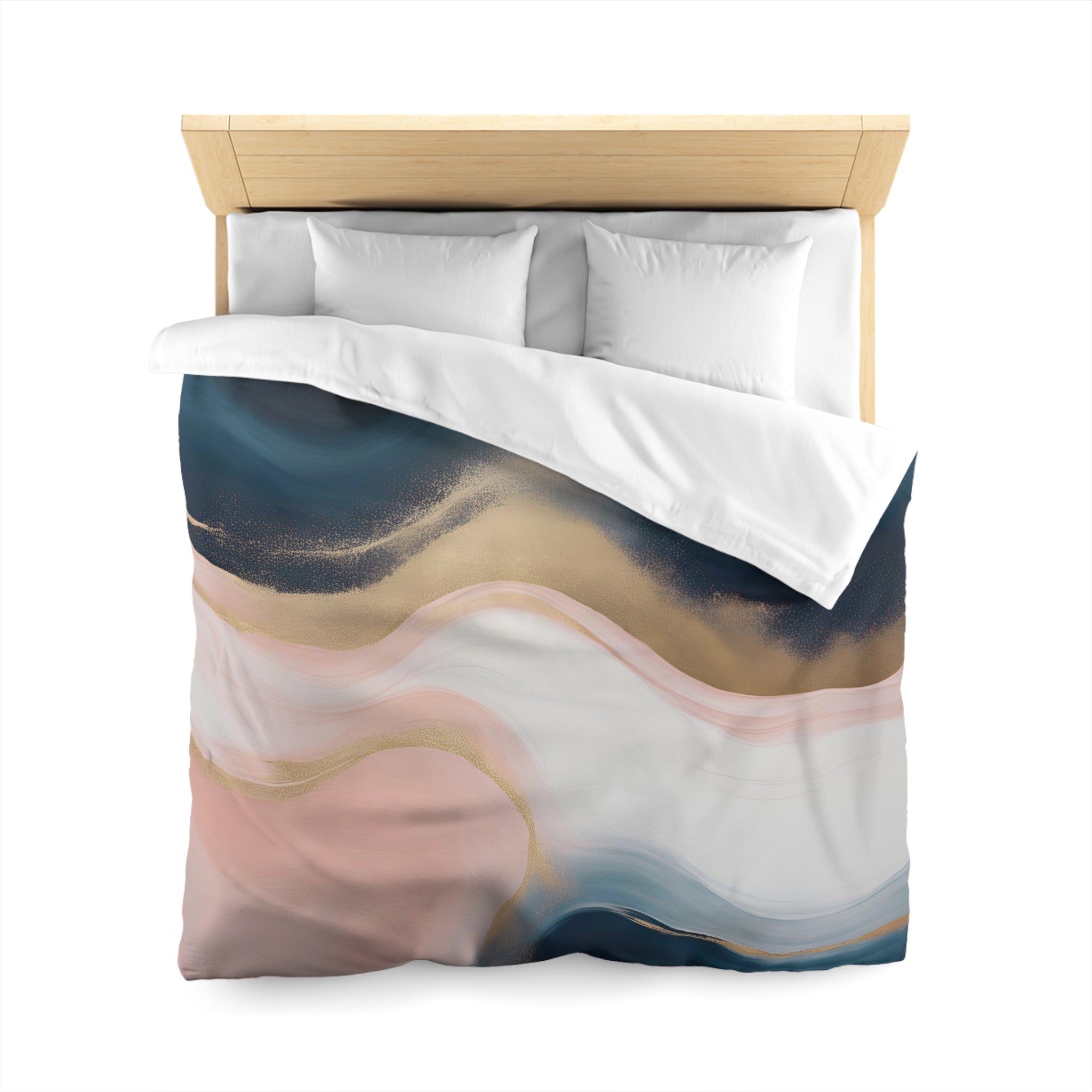 a bed with a colorful, abstract patterned comforter and pillows.