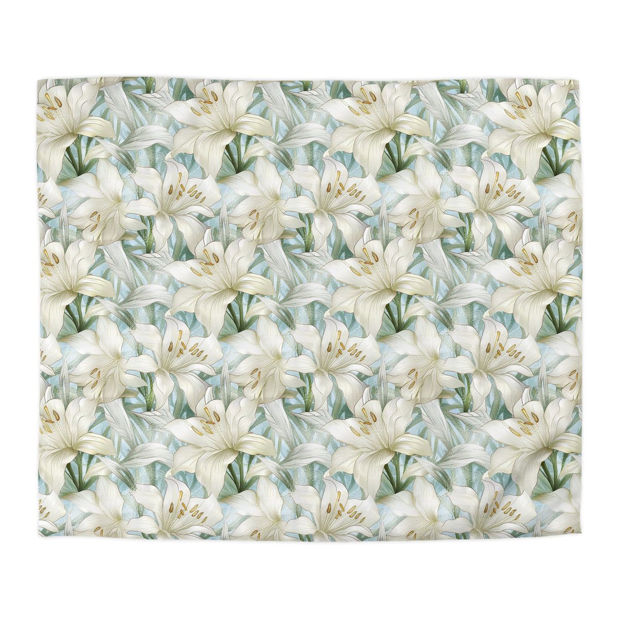 a repeating pattern of white lilies with green leaves against a light blue background.