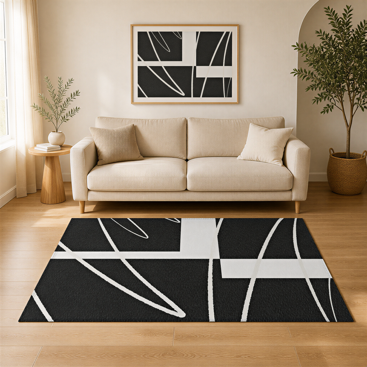 a living room with a beige sofa, a black and white abstract rug, and a framed artwork on the wall.