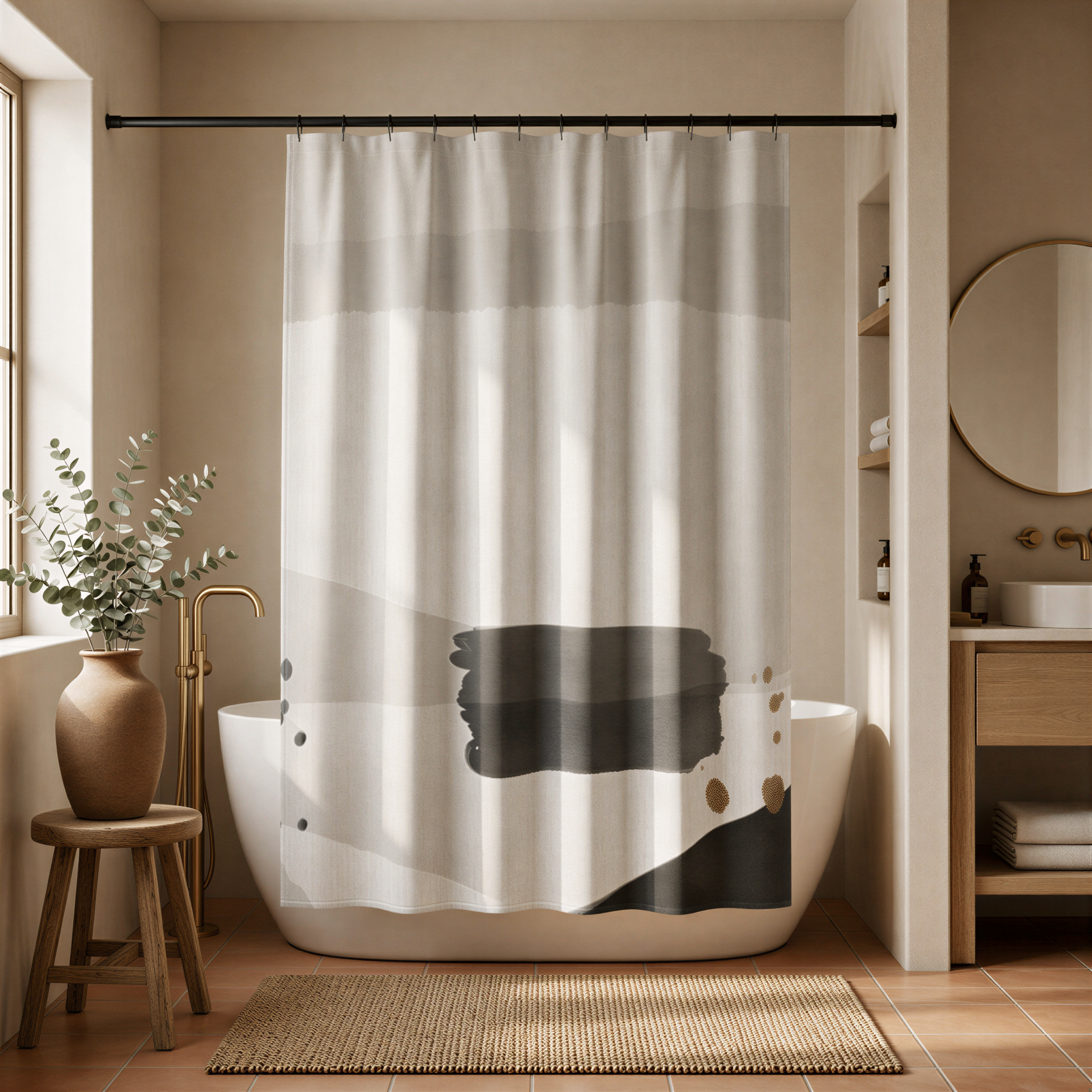 a modern bathroom with a white bathtub, a shower curtain featuring a black and white abstract design, and a wooden stool with a potted plant.
