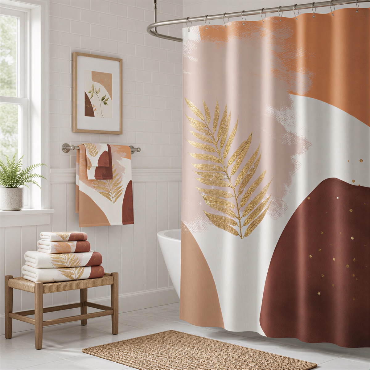 a bathroom with a shower curtain featuring a tropical leaf design in shades of orange and brown. The bathroom also includes a wooden bench, a towel rack, and a potted plant.