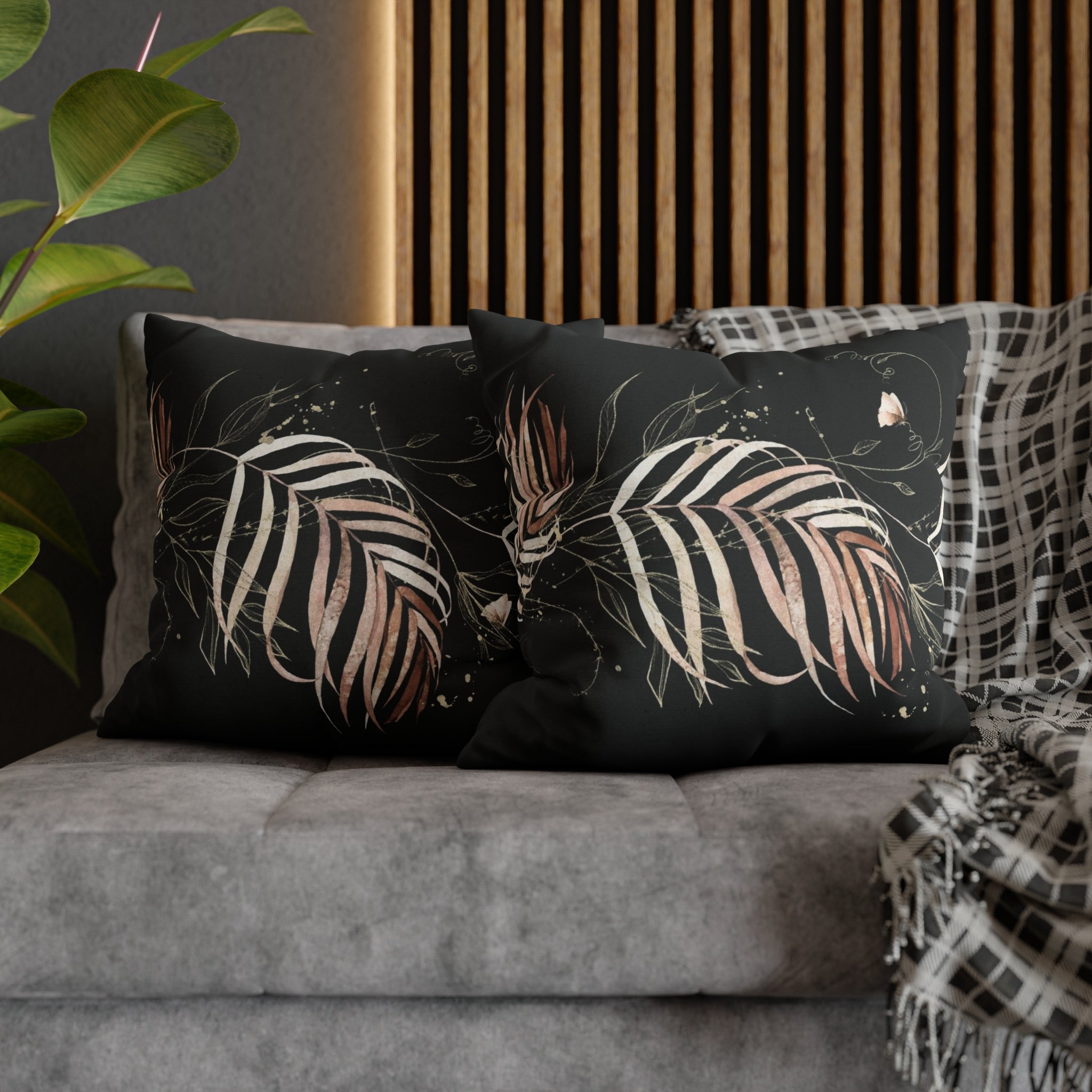 Black Floral Pillow Cover | Beige Leaves