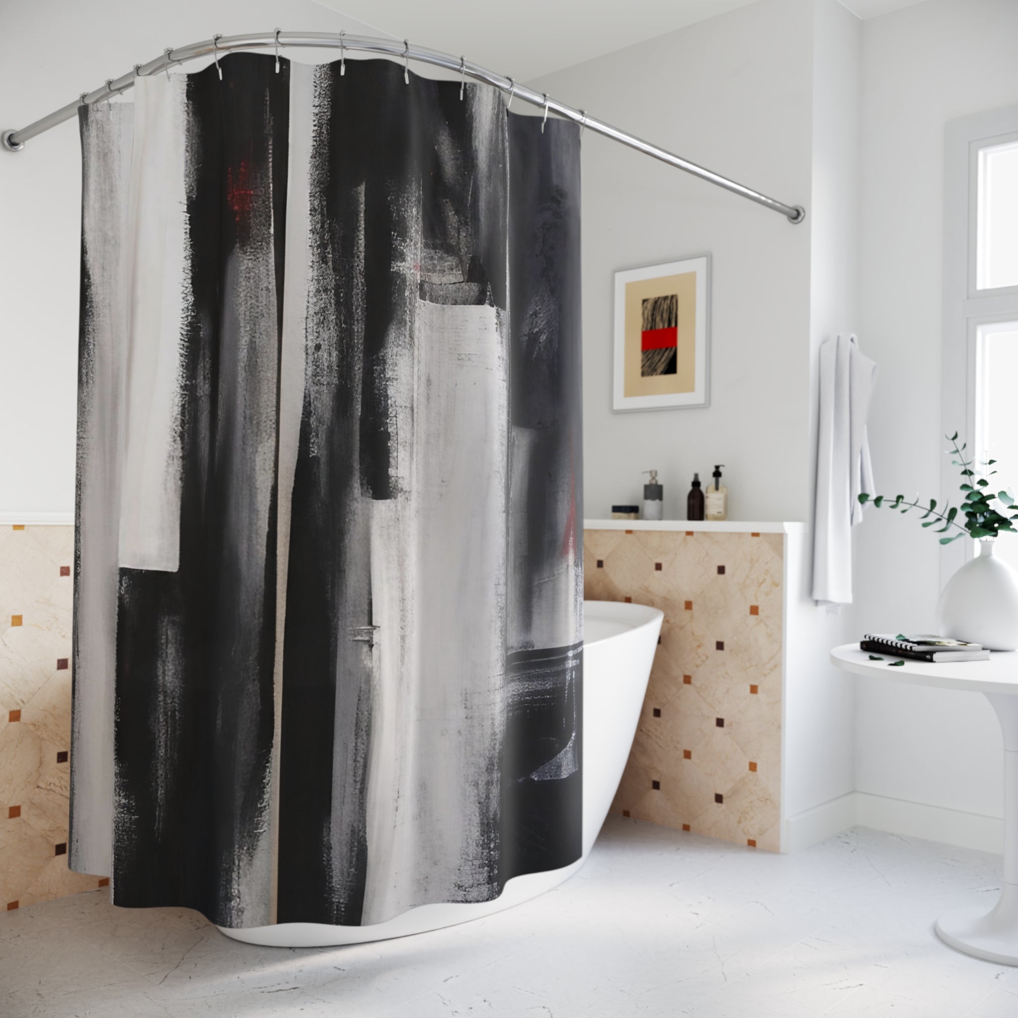 Boho Abstract Shower Curtain | Black White Watercolor