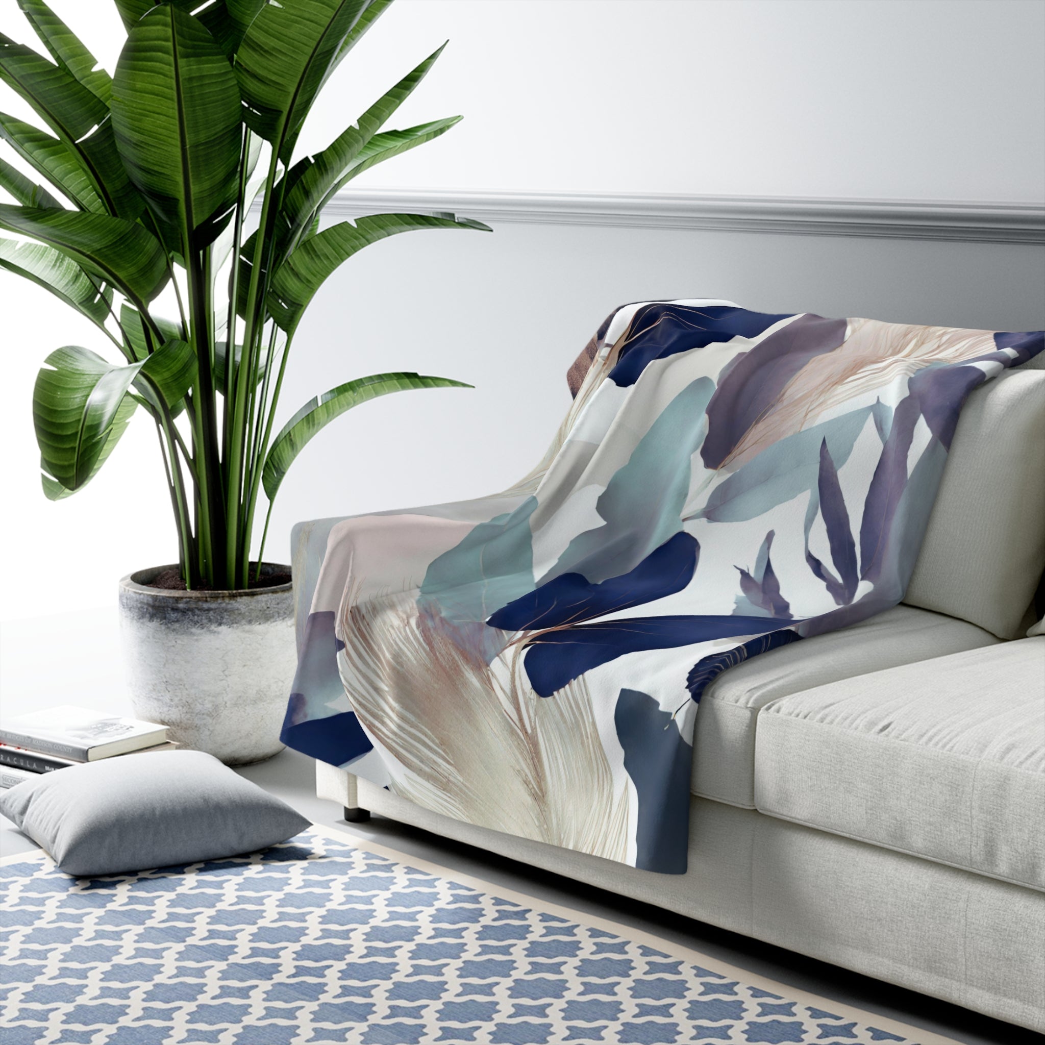 Floral Throw Blanket | Beige, Blue Abstract Leaves