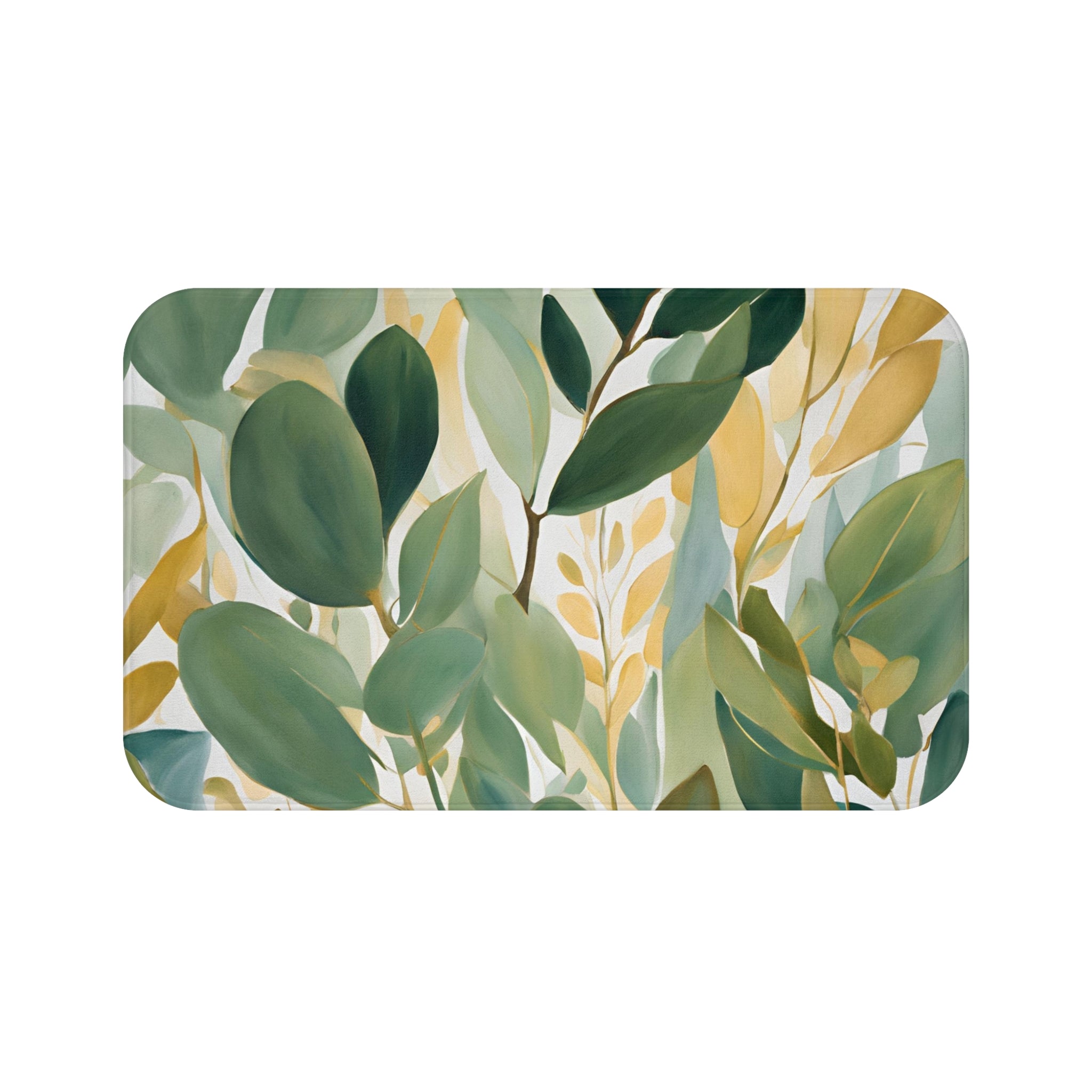 Boho Abstract Bath Mat | Sage Teal Green, Beige Leaves, Tropical Kitchen Mat