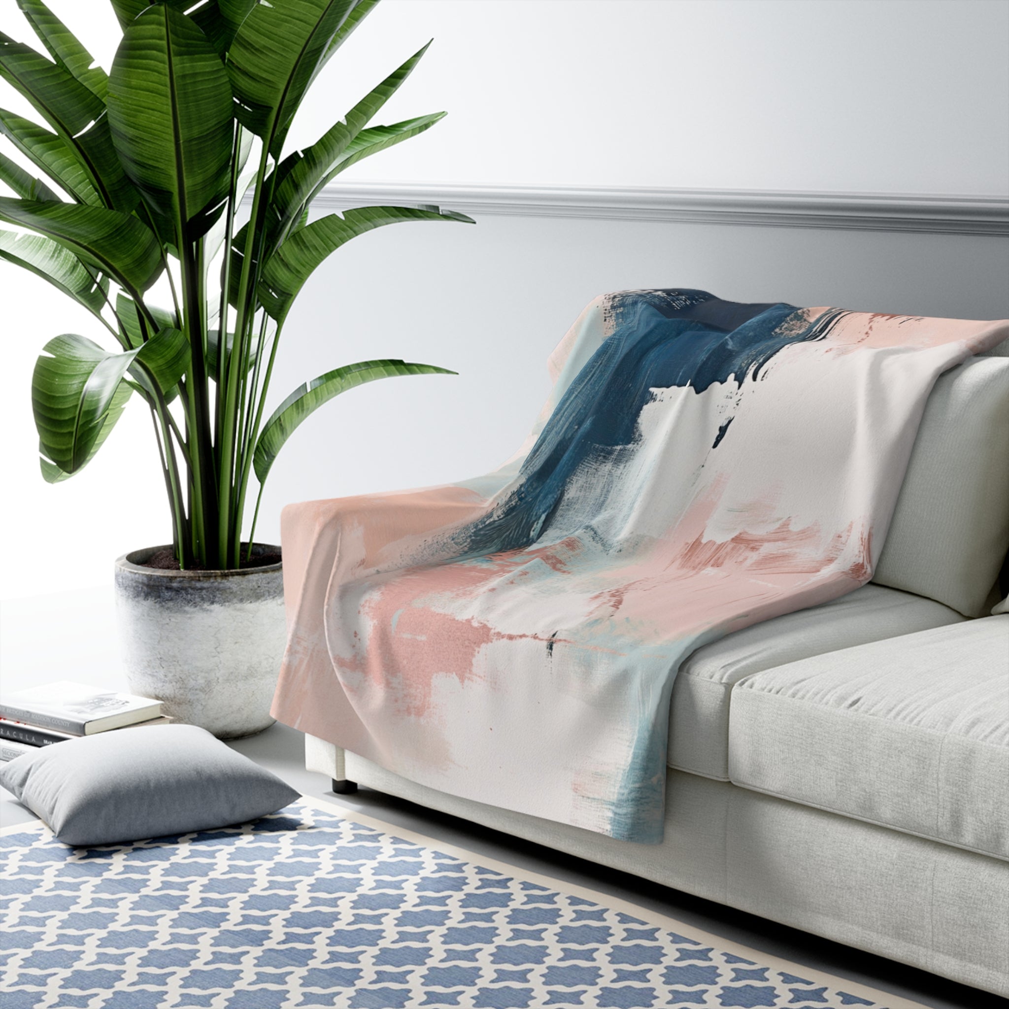 Abstract Throw Blanket | Blush Pink White Blue Watercolor