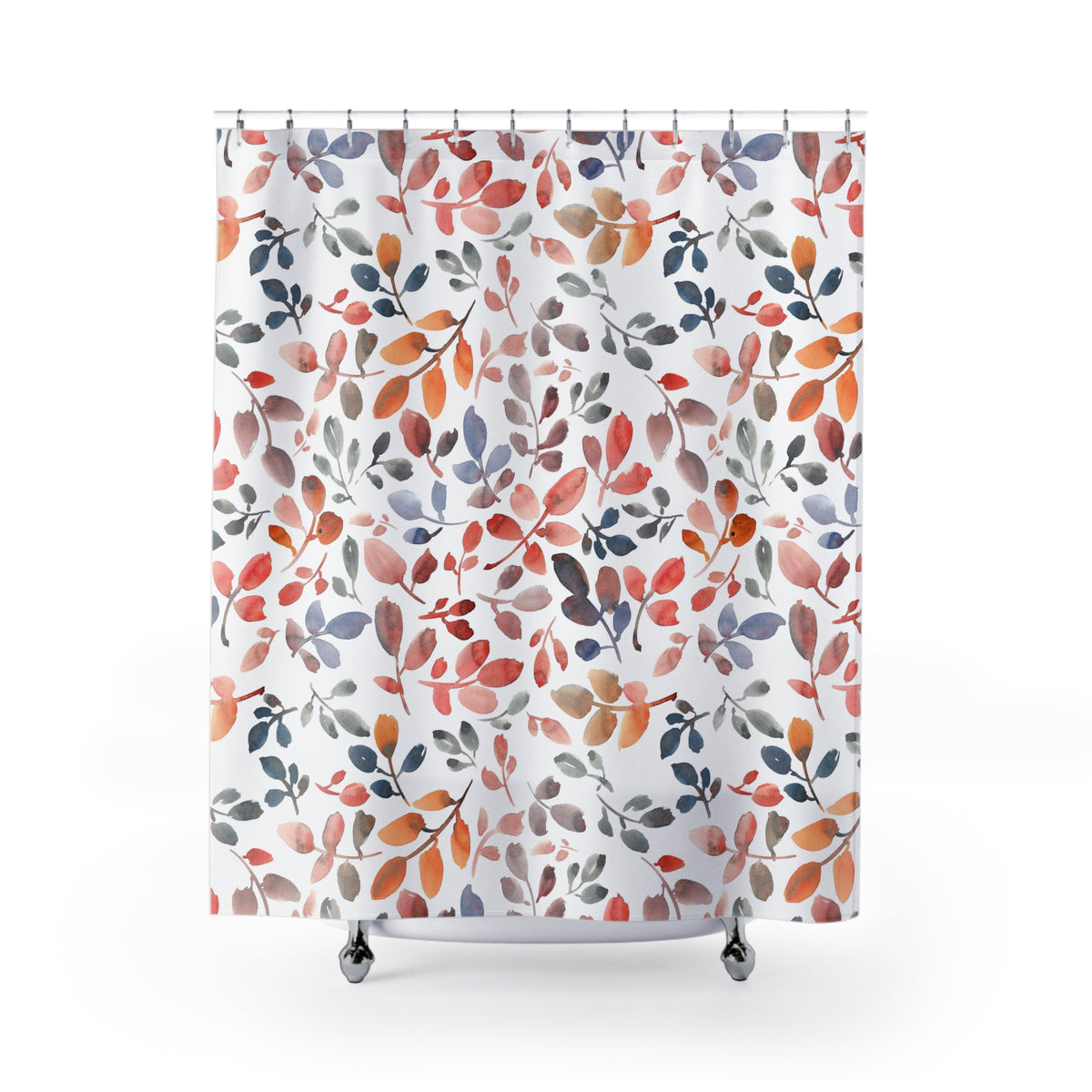 a shower curtain with a repeating pattern of colorful leaves in shades of orange, red, and green.