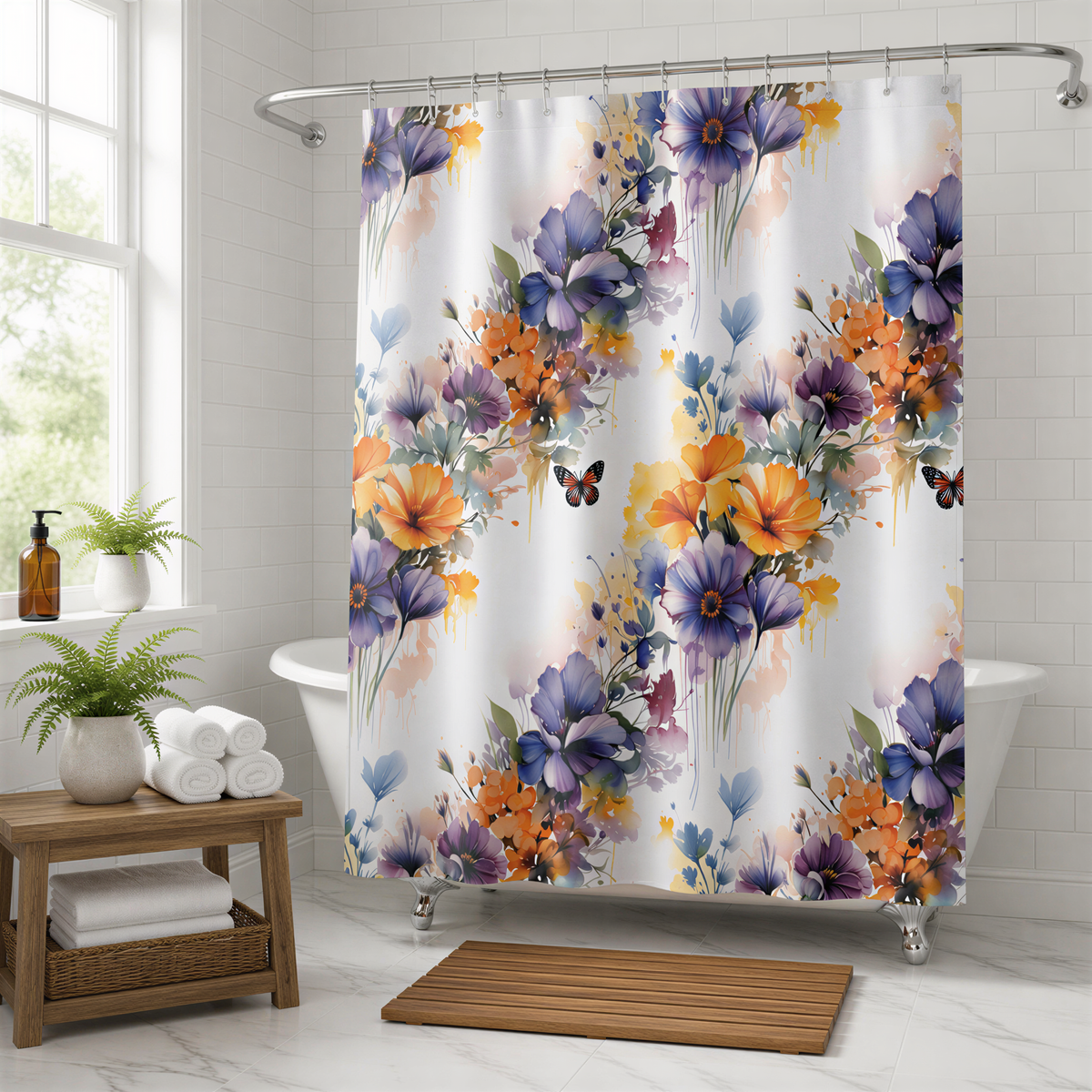 a bathroom with a floral shower curtain, a wooden table, and a window.