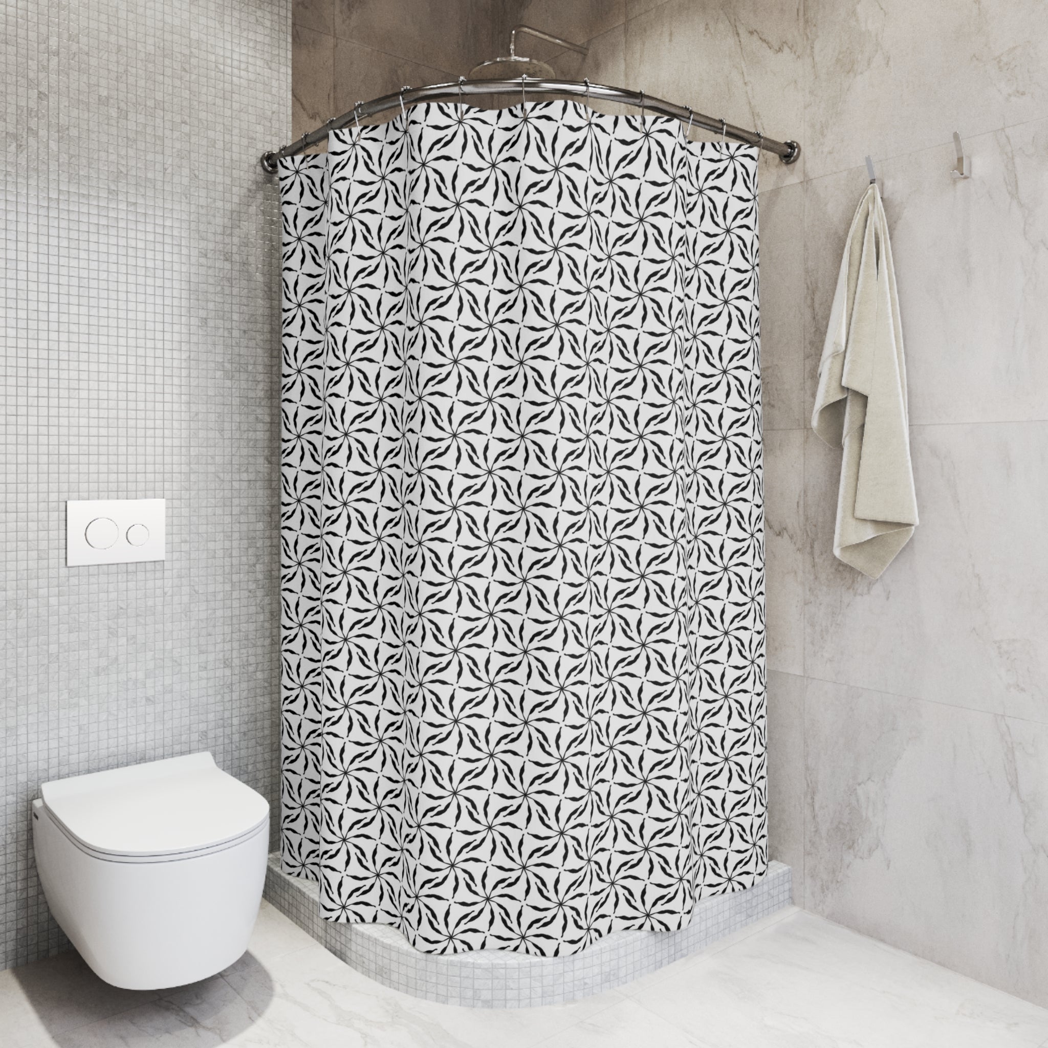 Boho Shower Curtain | White Black, Abstract Floral