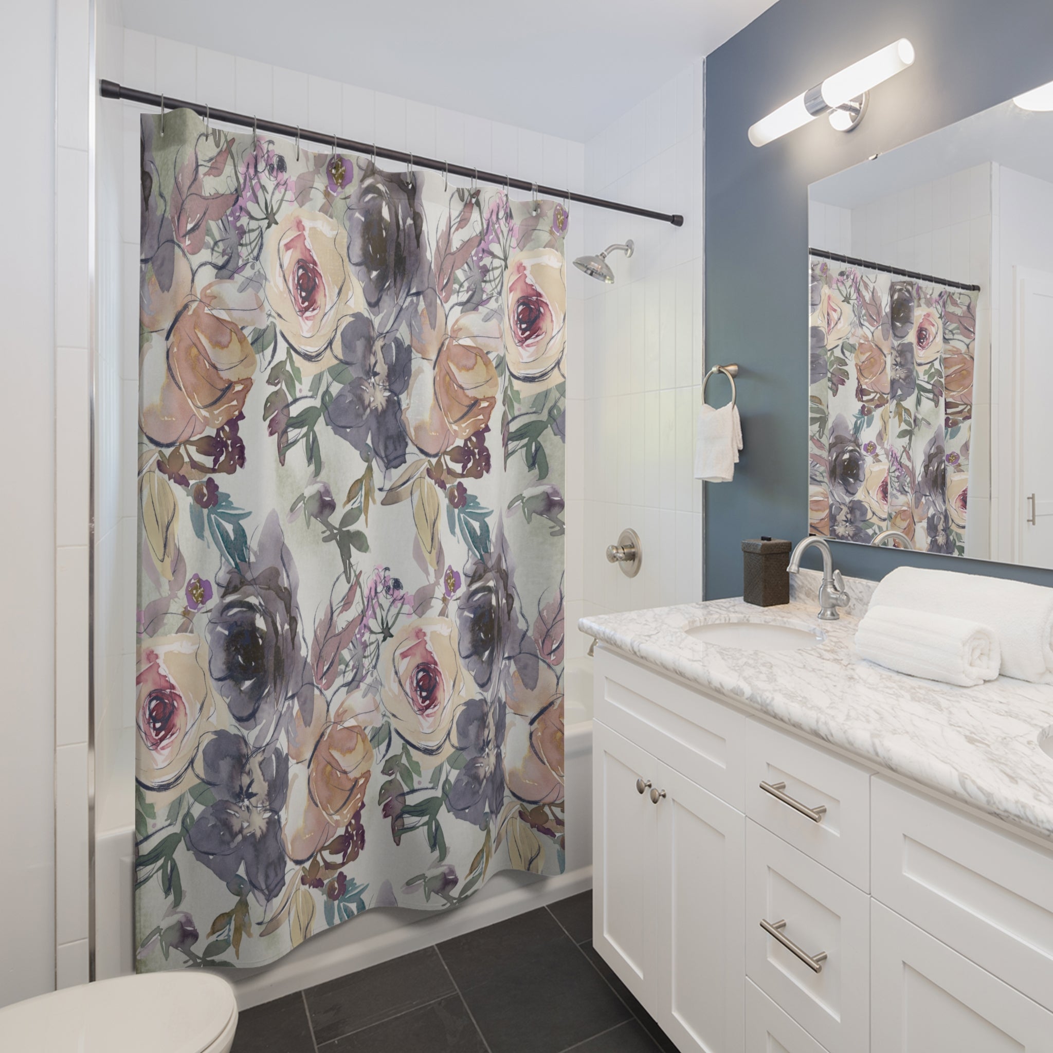 Floral Shower Curtain | Grey Beige, Blue