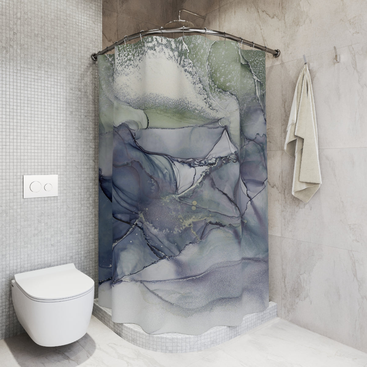 a modern bathroom with a white toilet, a shower curtain featuring an abstract marble pattern, and a towel hanging on a rack.
