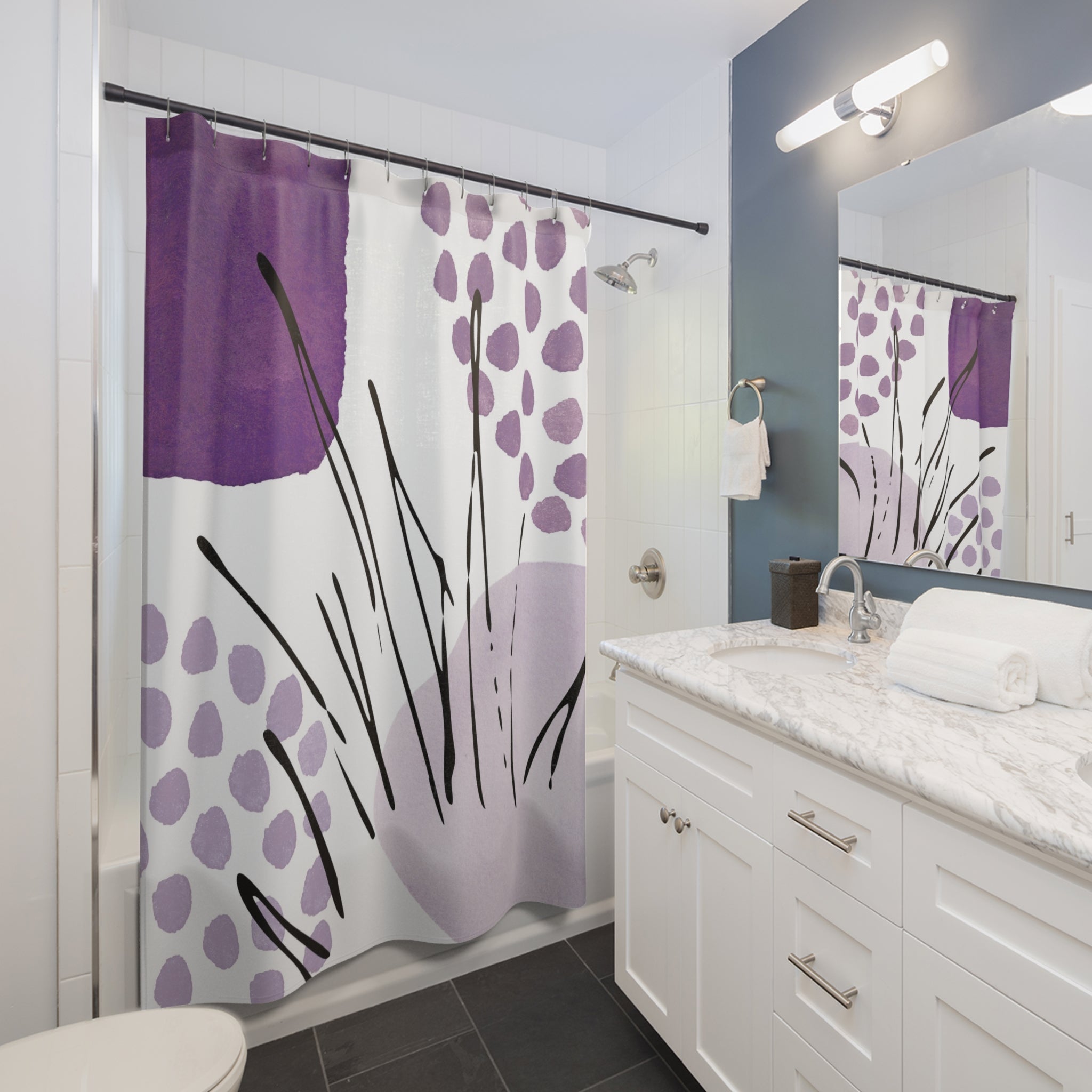 Boho Shower Curtain | Abstract Art White Lavender Purple Black Minimalist