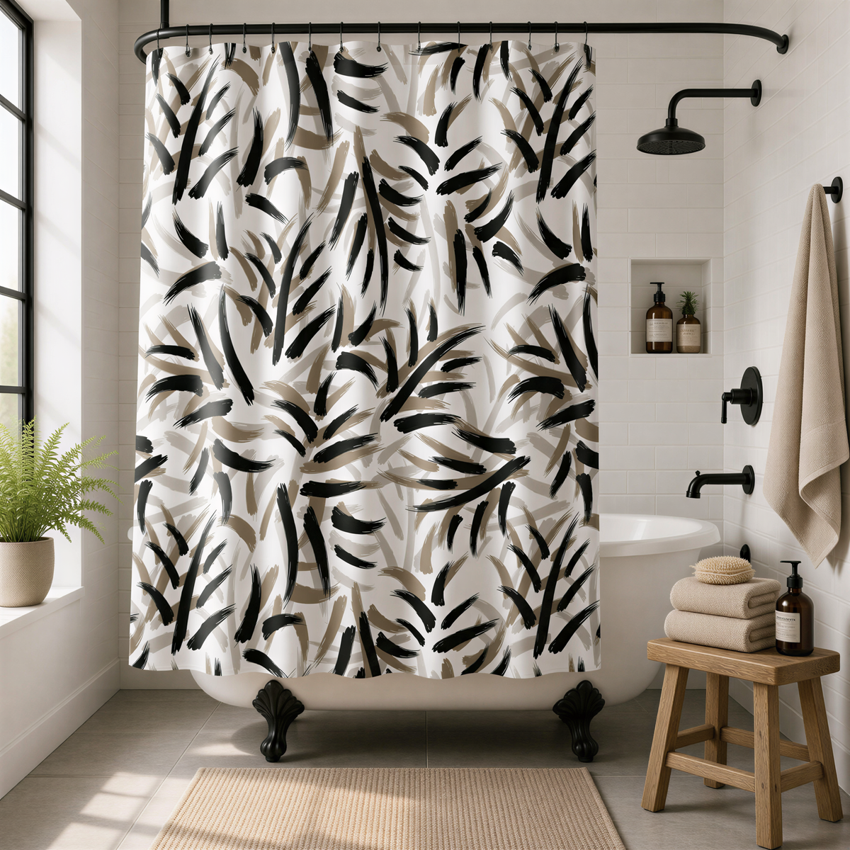 a modern bathroom with a black and white abstract patterned shower curtain, a wooden stool, a white bathtub, and a potted plant.