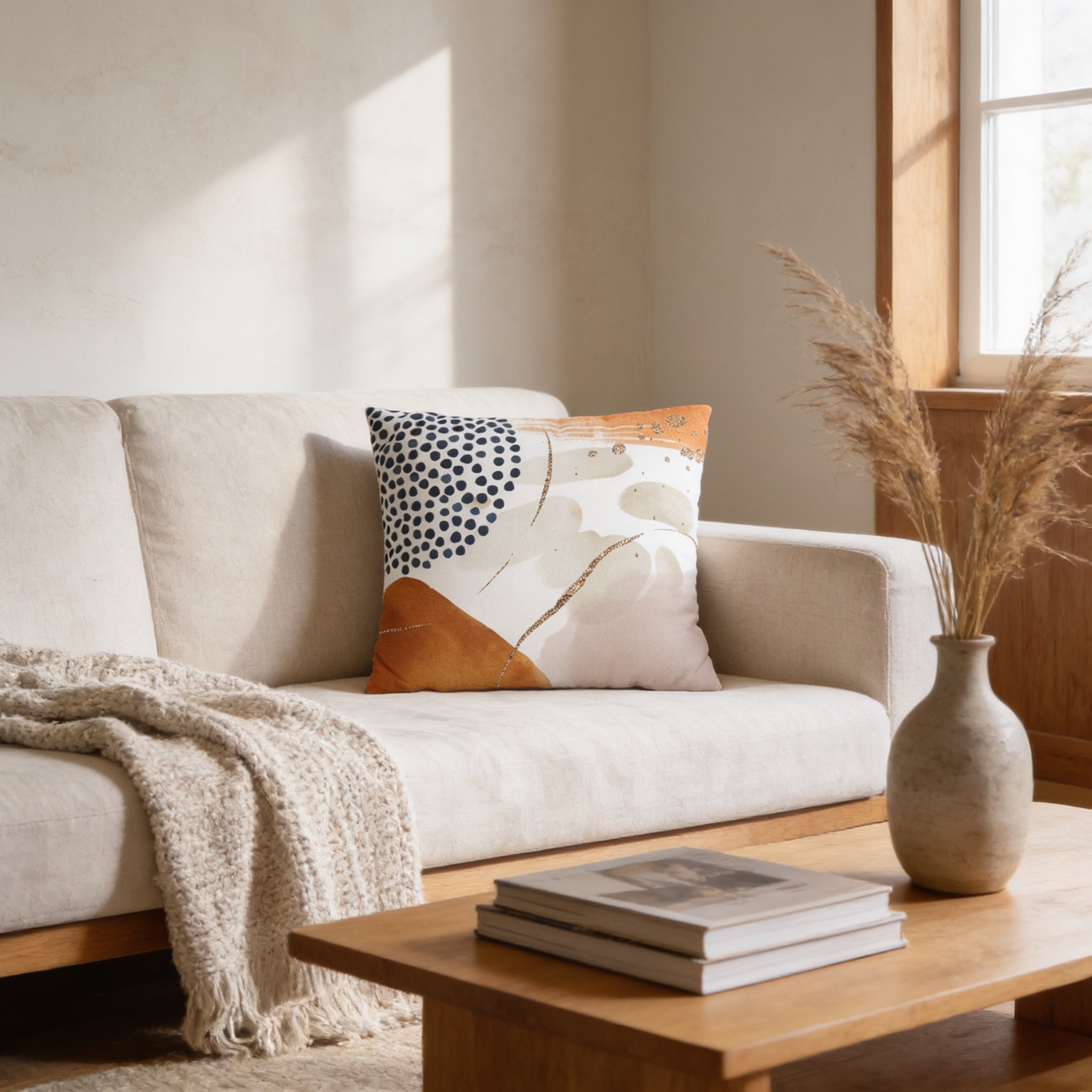 a cozy living room with a beige sofa, a wooden coffee table, and a decorative vase with dried flowers. The sofa has a throw blanket draped over it, and there are books on the coffee table. The room has a warm and inviting atmosphere, with natural light coming in from a window.