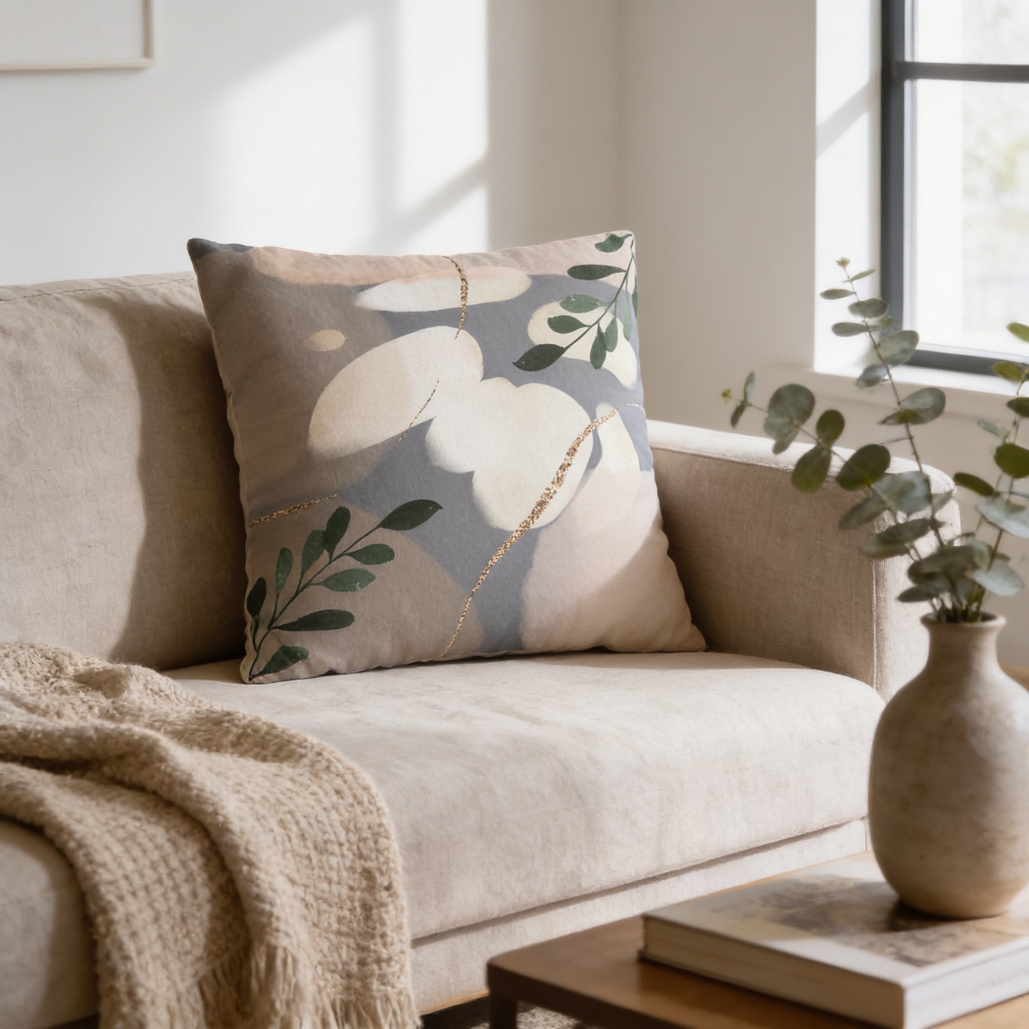 a cozy living room with a beige sofa, a decorative throw pillow with a floral pattern, and a vase with greenery on a coffee table.