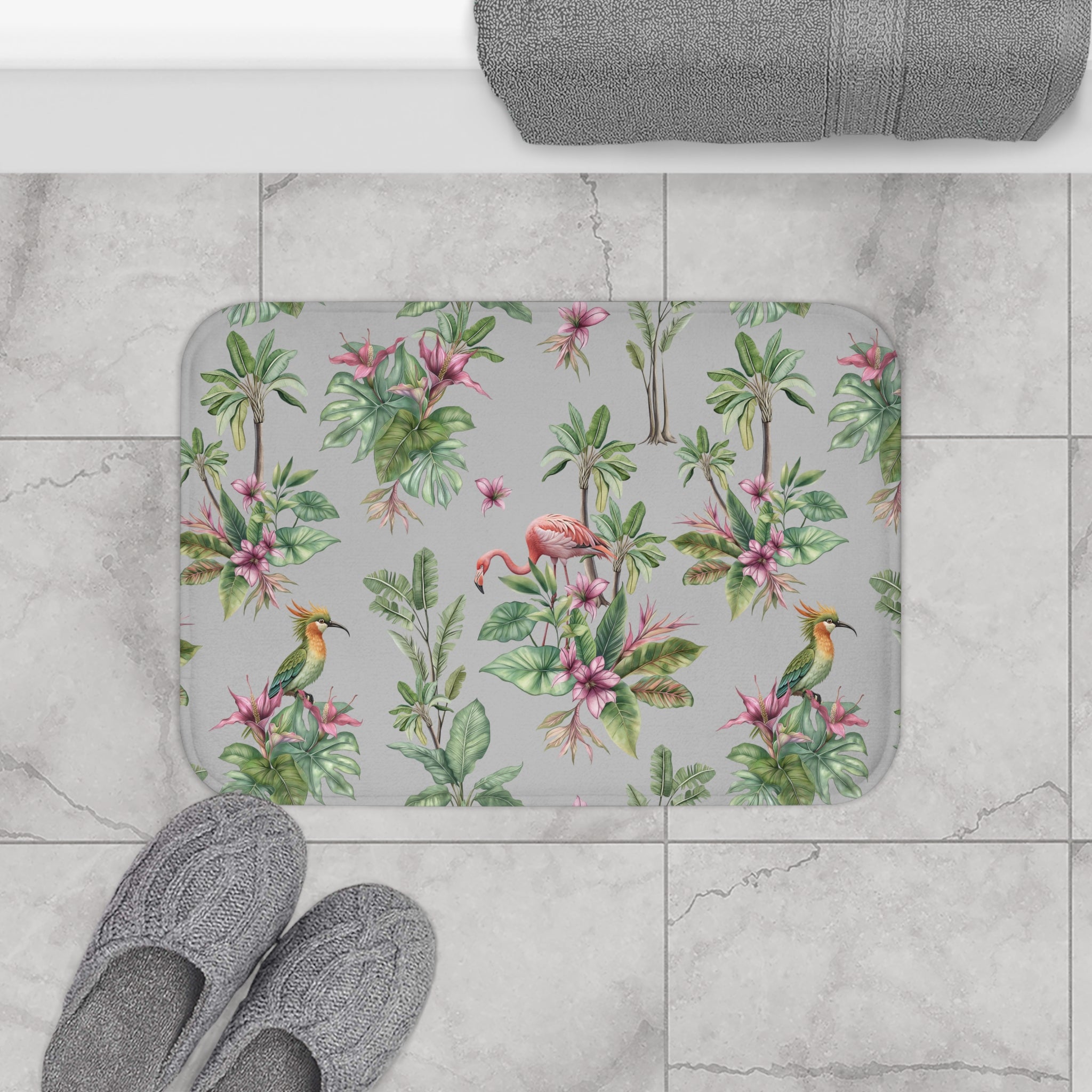 Tropical Bath Mat | Grey Green, Pink Flamingo, Birds Nature Kitchen Mat