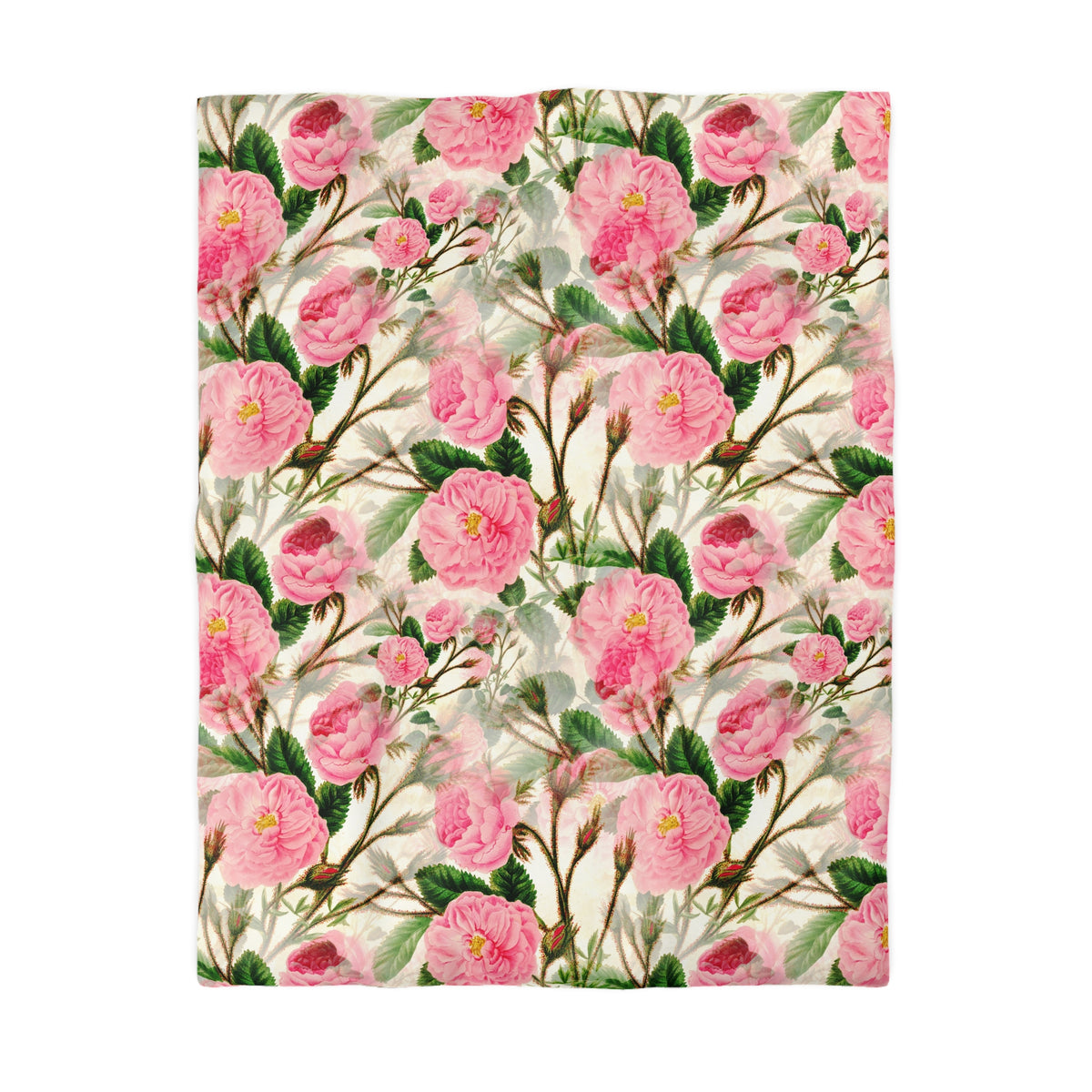 a repeating pattern of pink flowers with green leaves, creating a visually appealing and harmonious design.