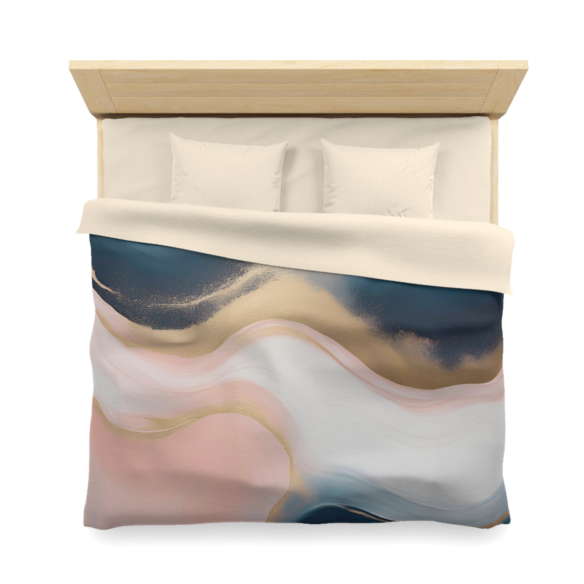 a bed with a colorful, abstract patterned comforter and pillows.