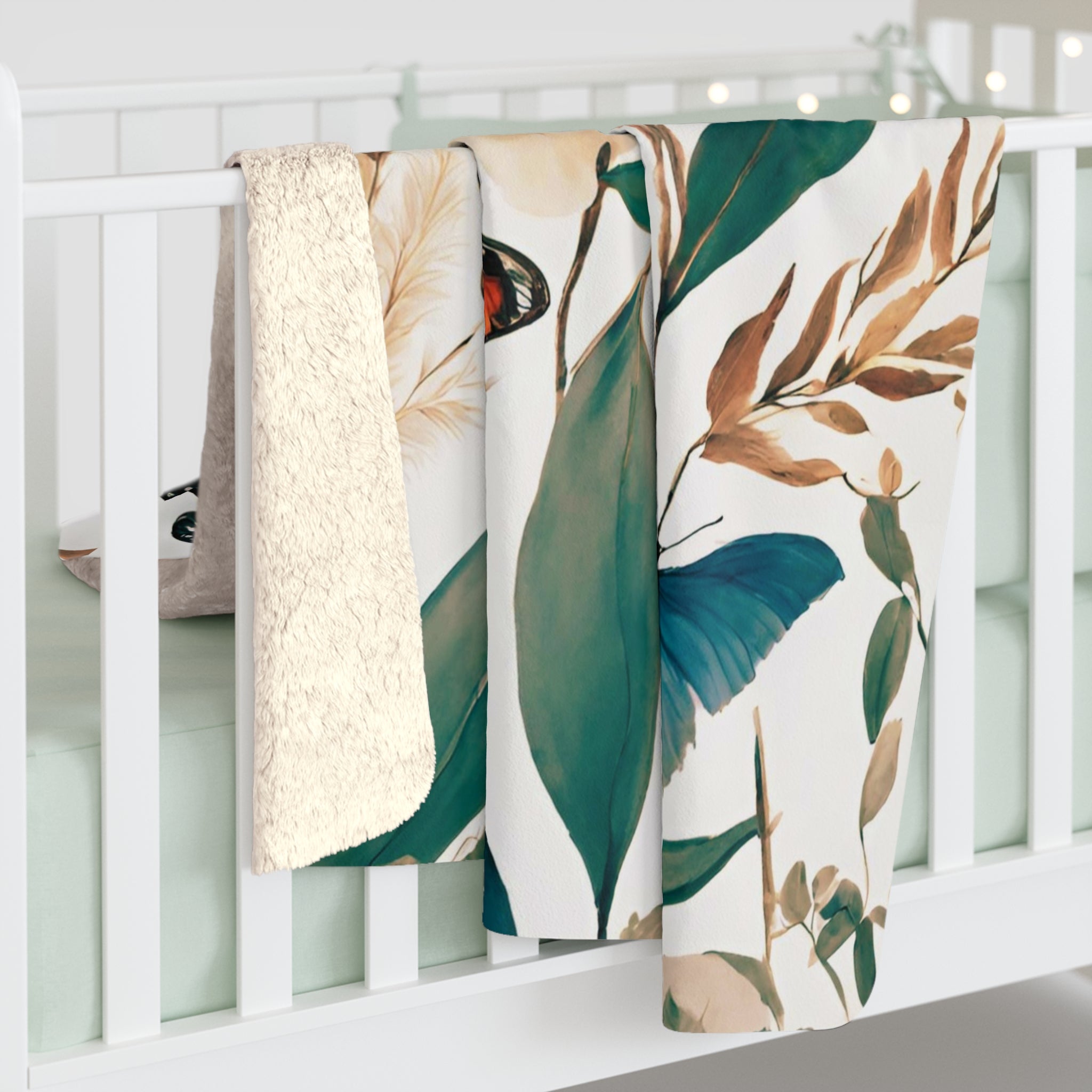 Butterflies Floral Throw Blanket | Green Beige Meadow