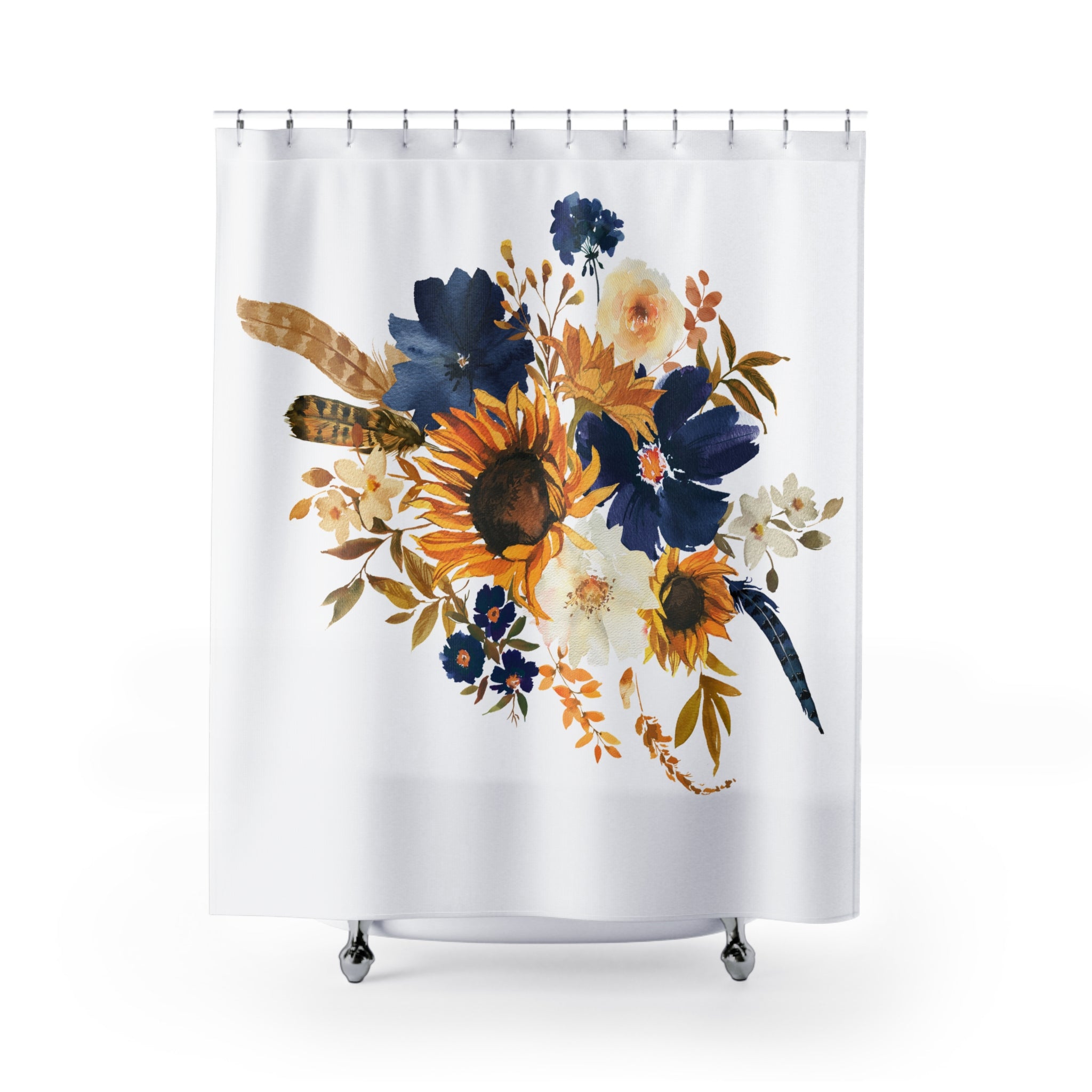Bohemian Floral Shower Curtain | Boho Sunflowers, Yellow Blue White