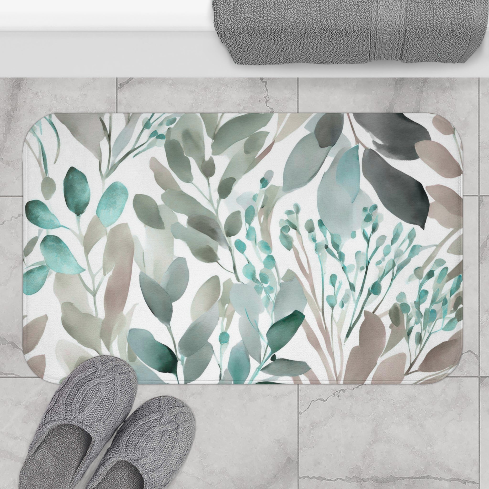 Floral Leaves Bath Mat | Watercolor Kitchen Mat